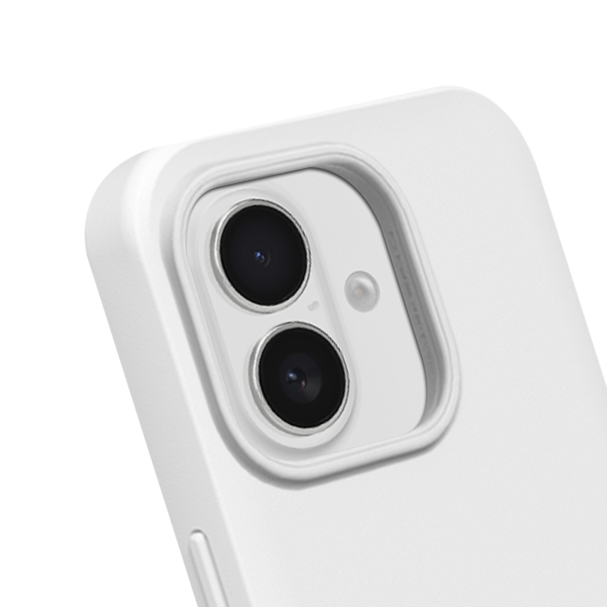 Close-up van een witte telefoonhoes met dubbele cameralens en flitser.