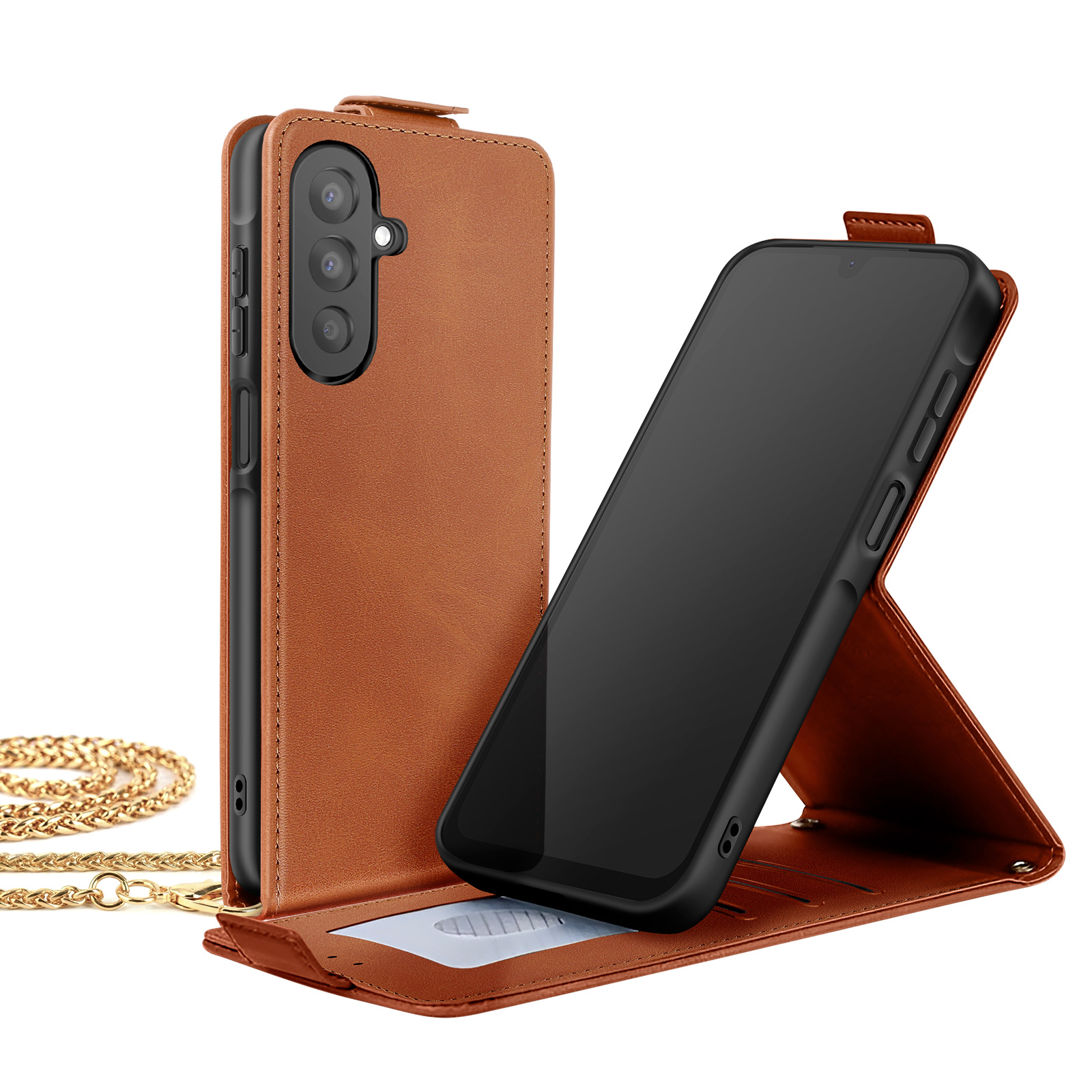 Braune Leder-Handyhülle mit Kette, aufgestellt mit Telefon.