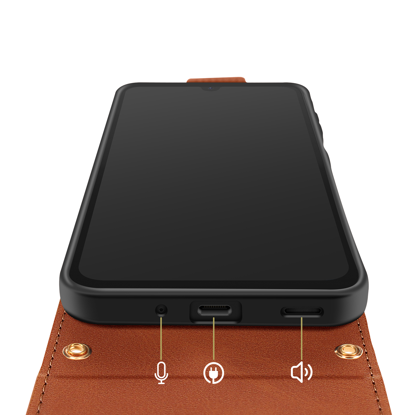 Ein Smartphone in einem braunen Lederetui, das unten die Anschlüsse zeigt.