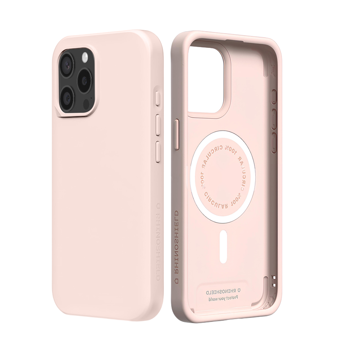 Twee roze iPhone-hoesjes, voor- en achterkant weergave, met cameramodule.