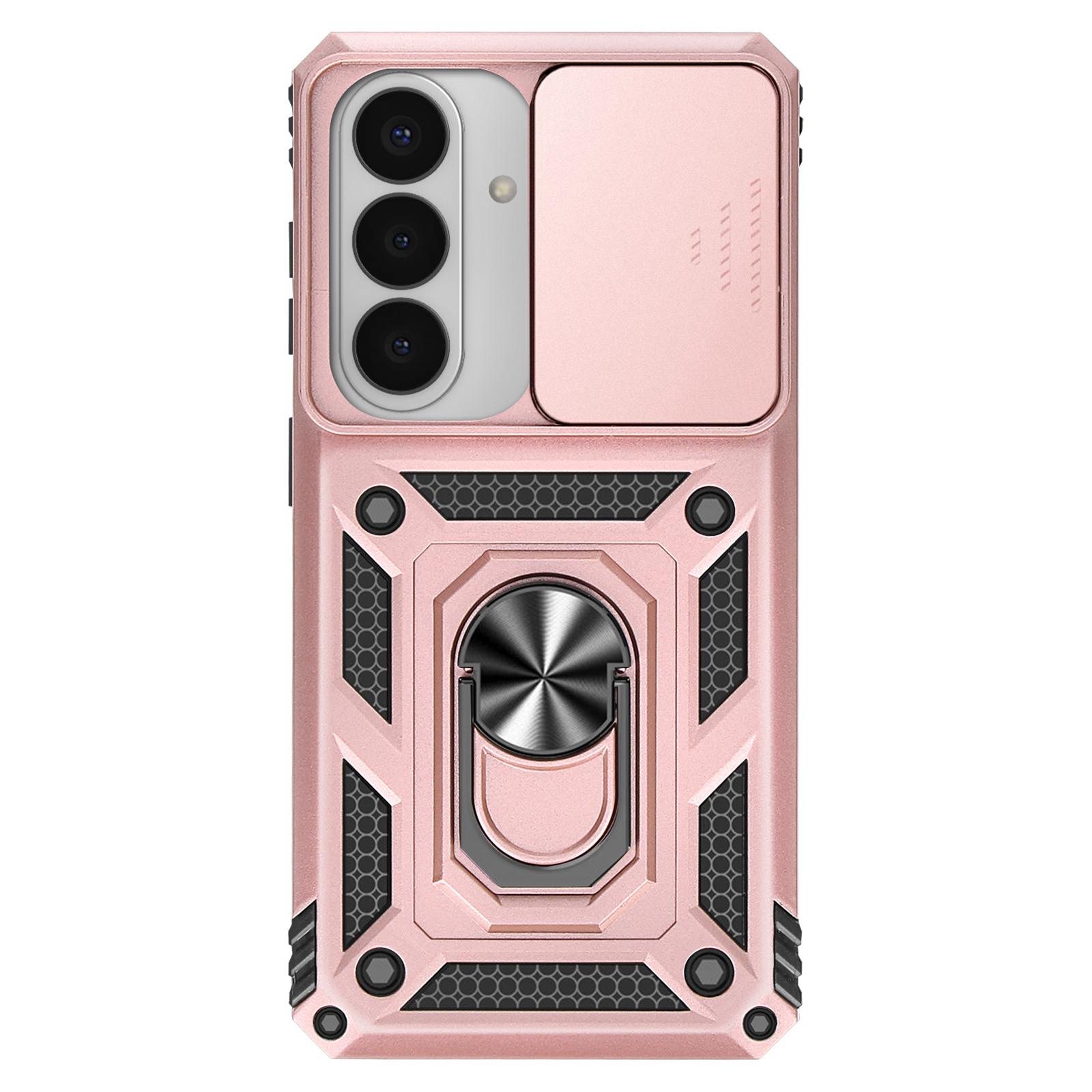 Coque de téléphone or rose avec triple appareil photo, cache coulissant et anneau.