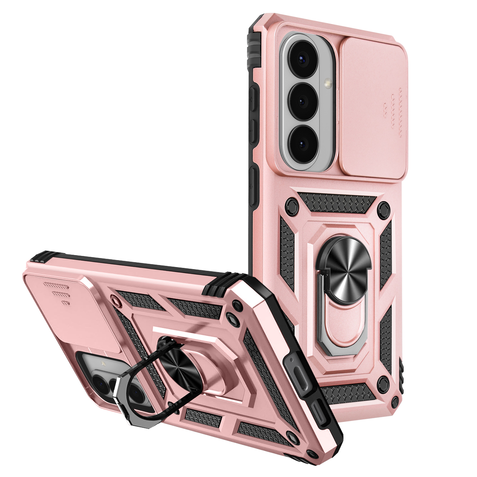 Deux étuis de téléphone rose avec support annulaire et cache coulissant pour appareil photo.
