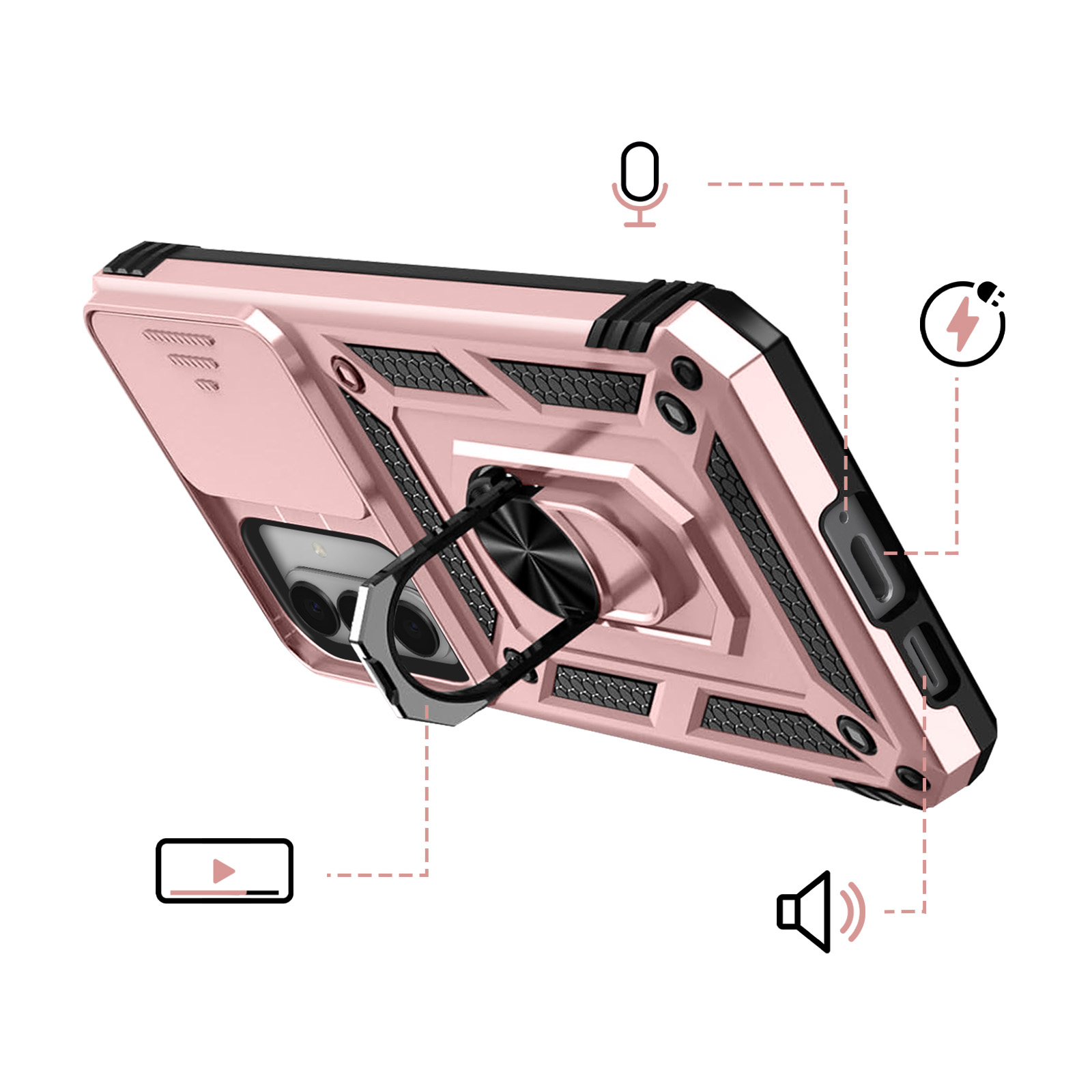 Coque de téléphone rose avec cache-objectif, support bague et icônes micro, charge, vidéo et son.