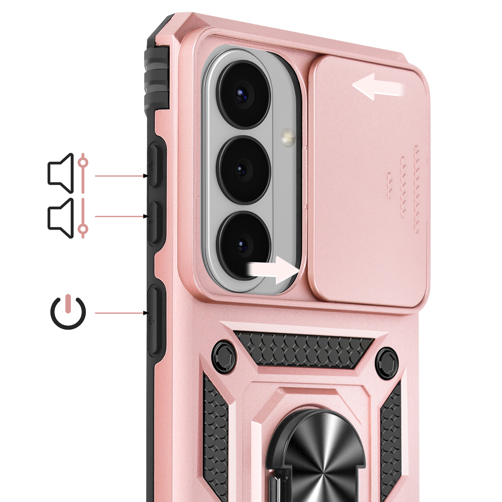 Coque de téléphone rose avec objectif caméra, boutons volume et marche.