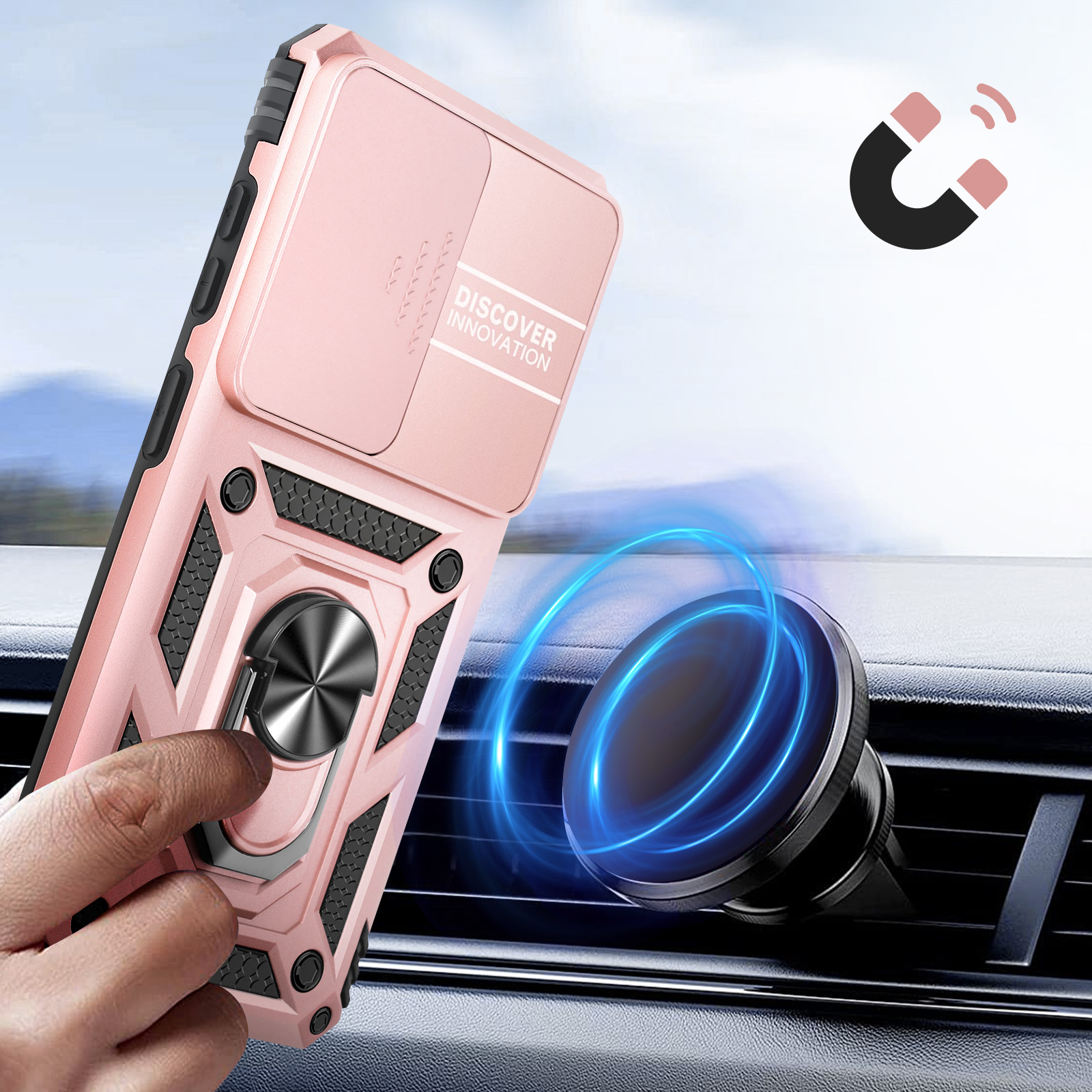 Coque de téléphone rose avec support anneau et cache caméra. Support voiture aimanté.
