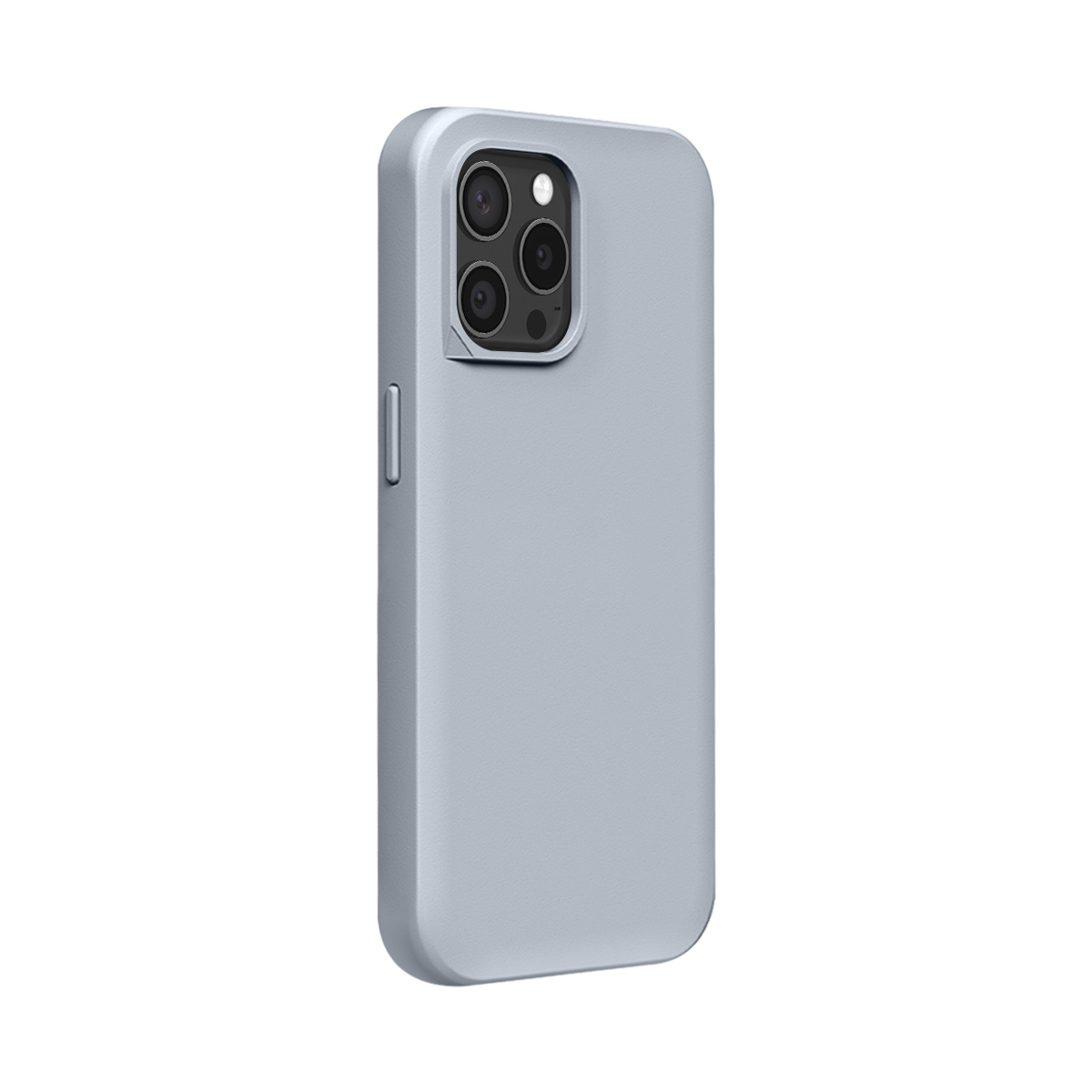 Coque de téléphone bleu clair avec découpe triple objectif sur fond blanc.