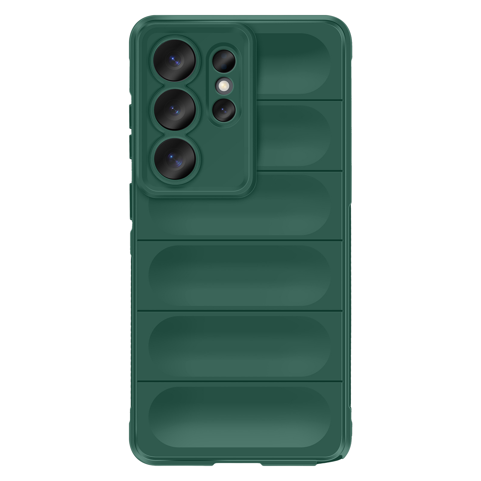 Donkergroene telefoonhoes met horizontale ribbels en cameramodule.