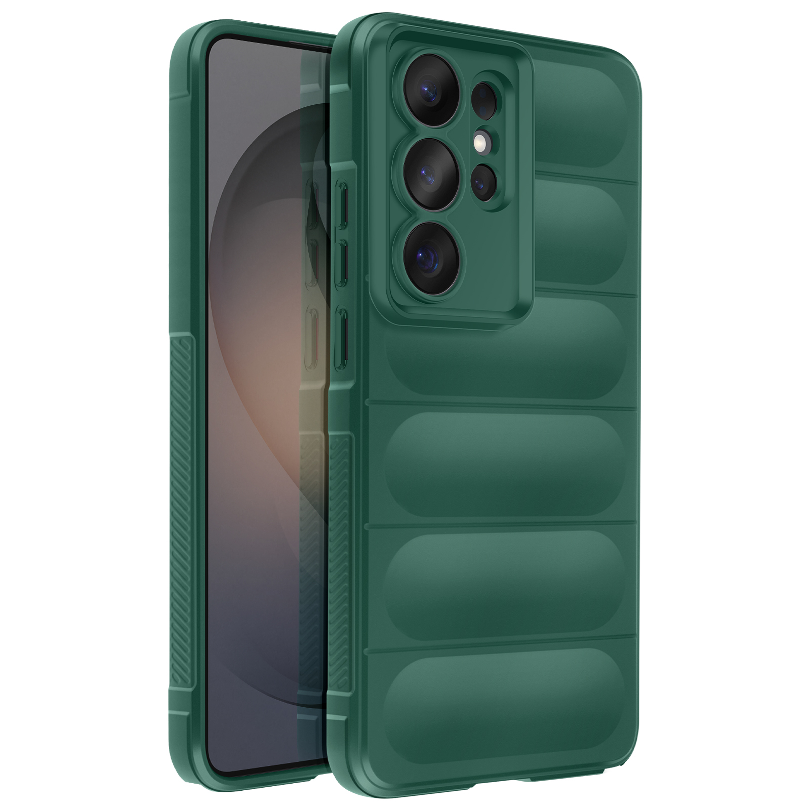 Donkergroene telefoonhoes met horizontale ribbels en cameramodule.