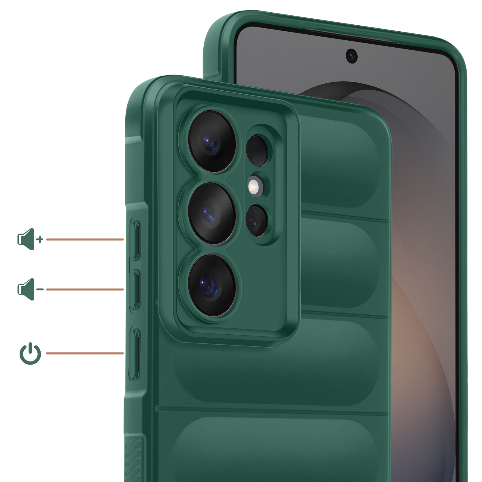 Donkergroene telefoonhoes met cameralenzen en zijknopen.