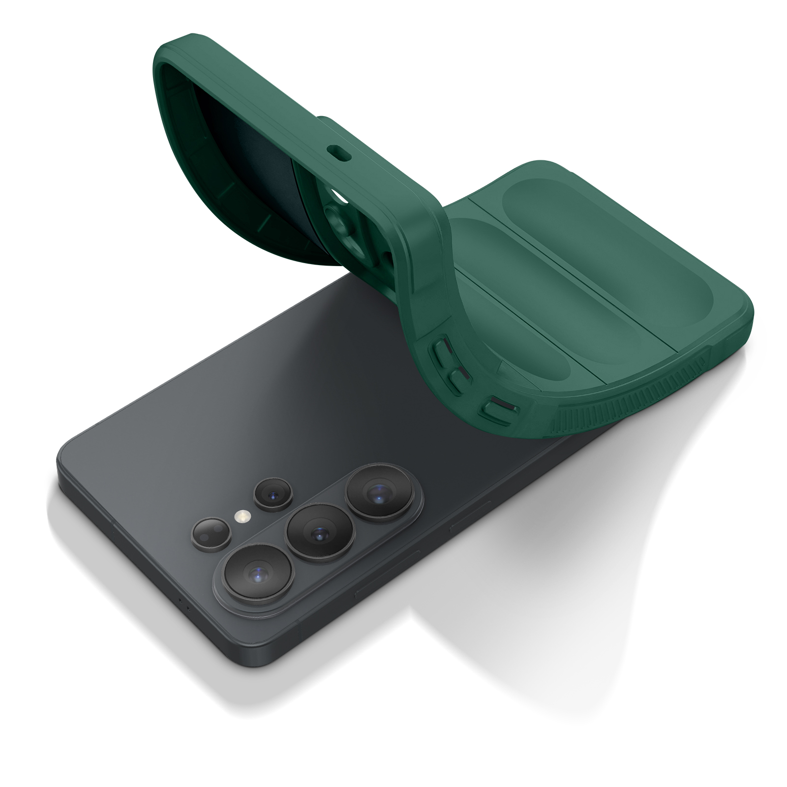 Een donkere smartphone met een openende groene telefoonhoes.