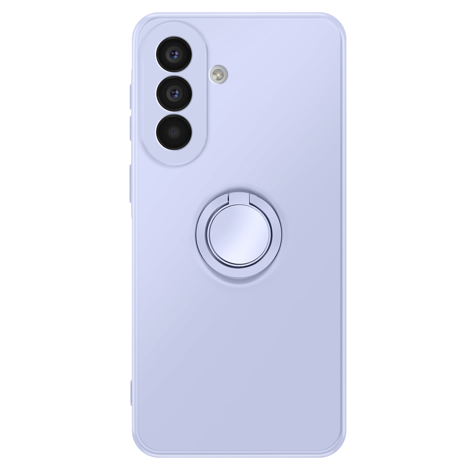 Un téléphone violet clair avec trois caméras et un support anneau au dos.