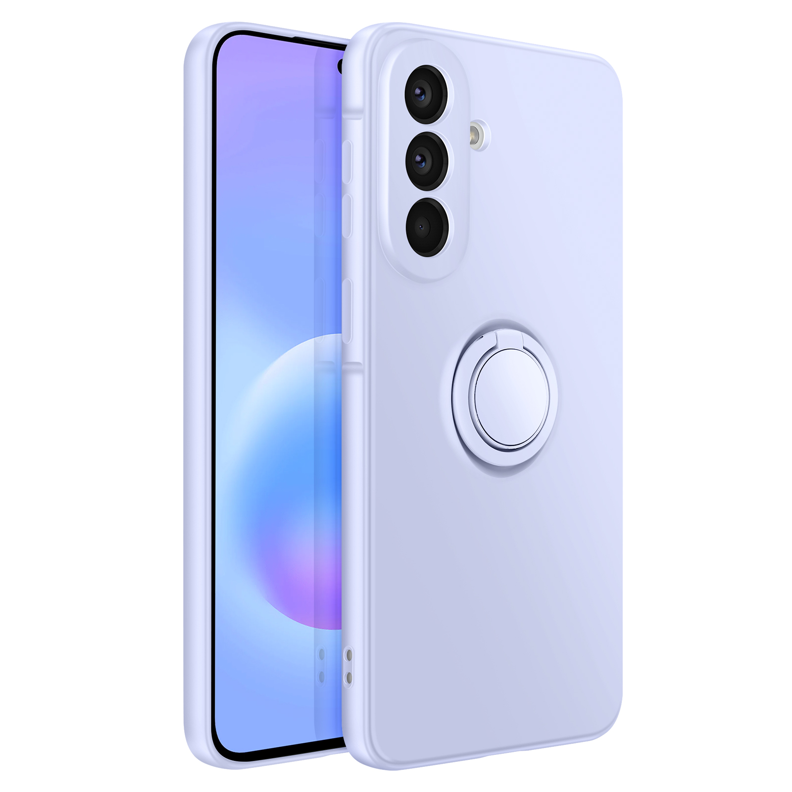 Un smartphone violet clair avec un support anneau au dos.