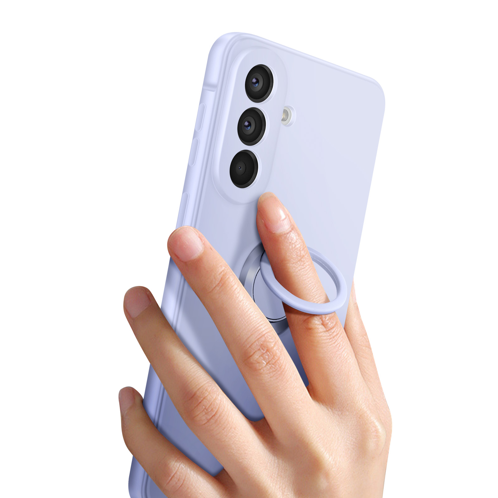 Une main tient un téléphone violet clair avec un support anneau.