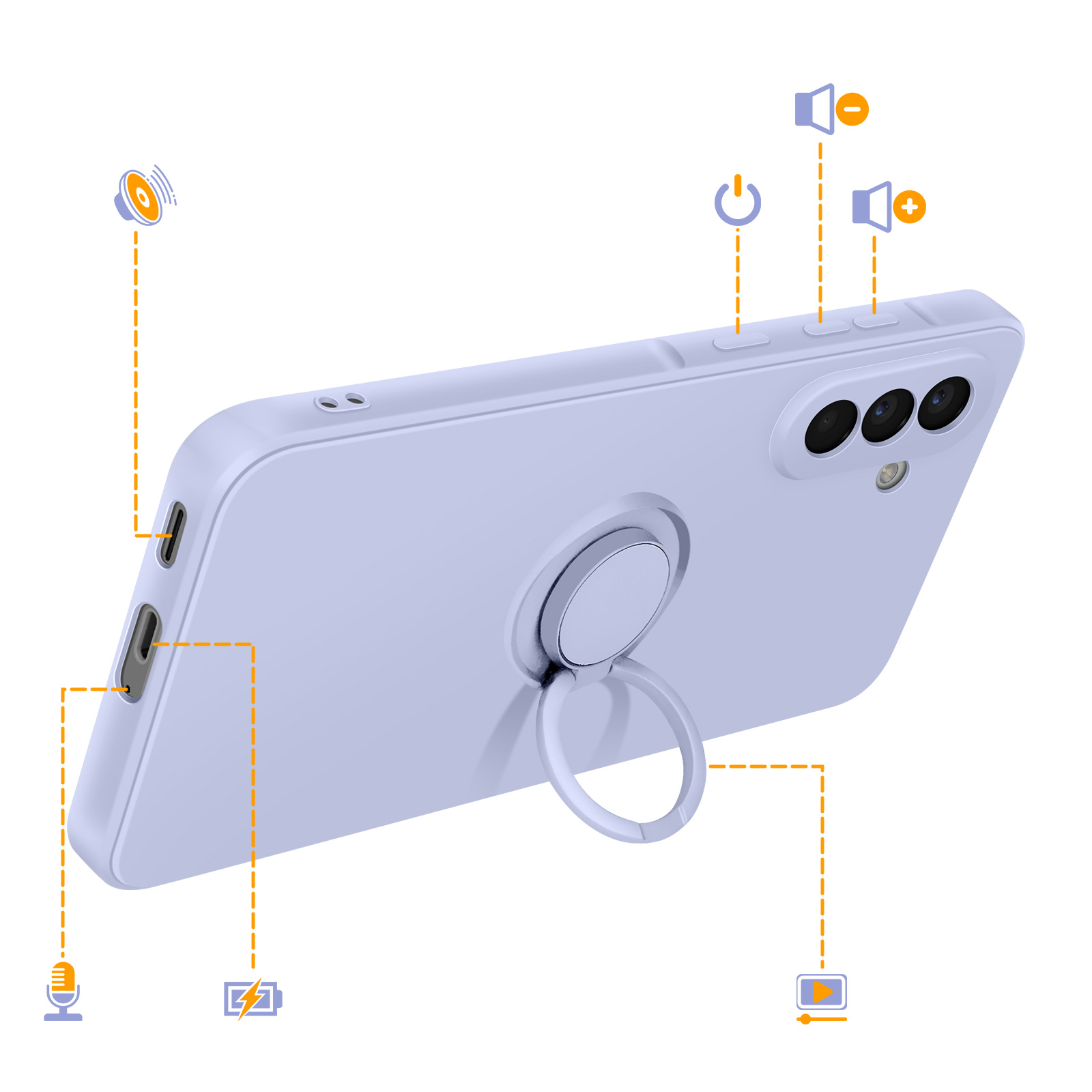 Une coque de téléphone violette avec support anneau, caméras et ports.