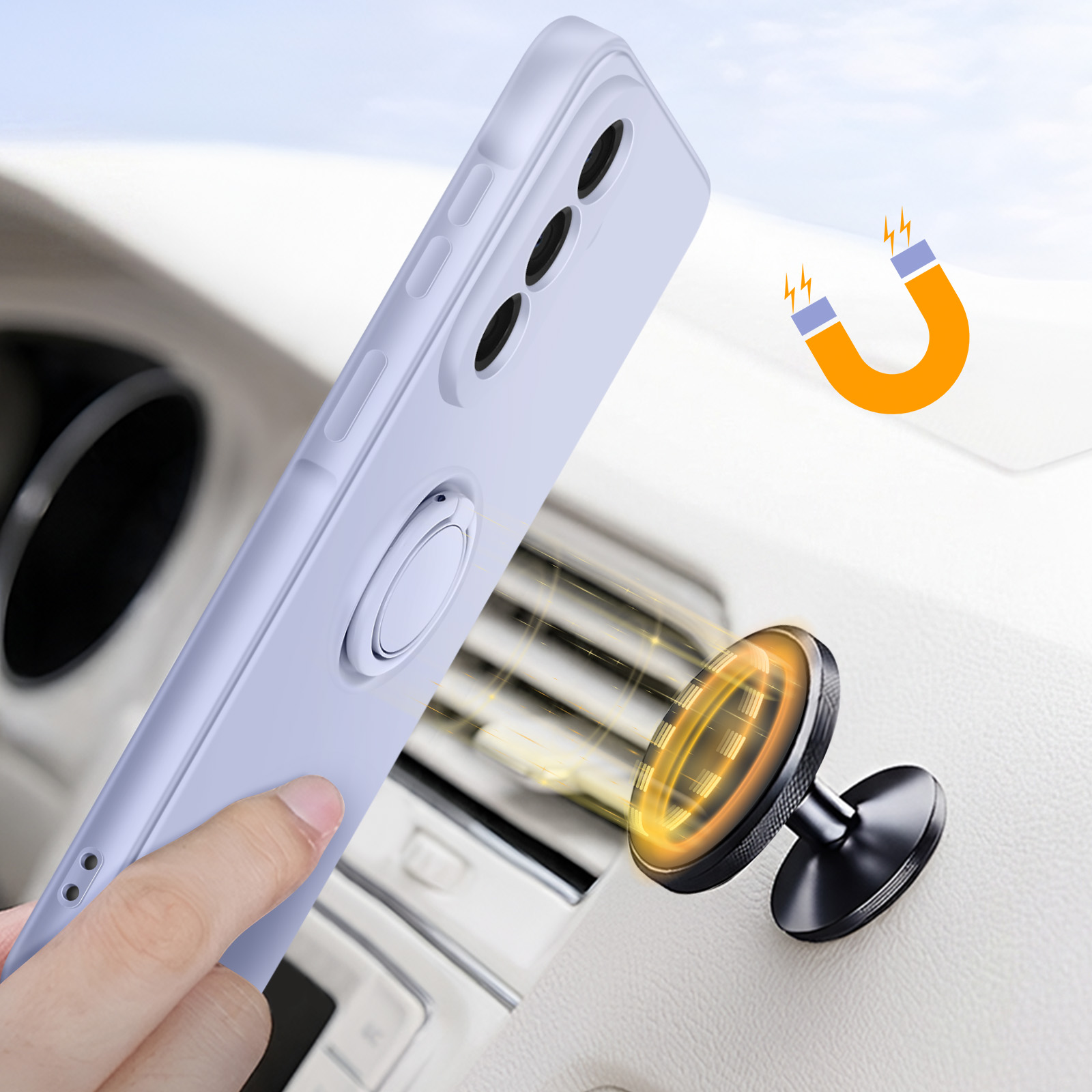 Un téléphone violet clair est tenu près d'un support de voiture magnétique.