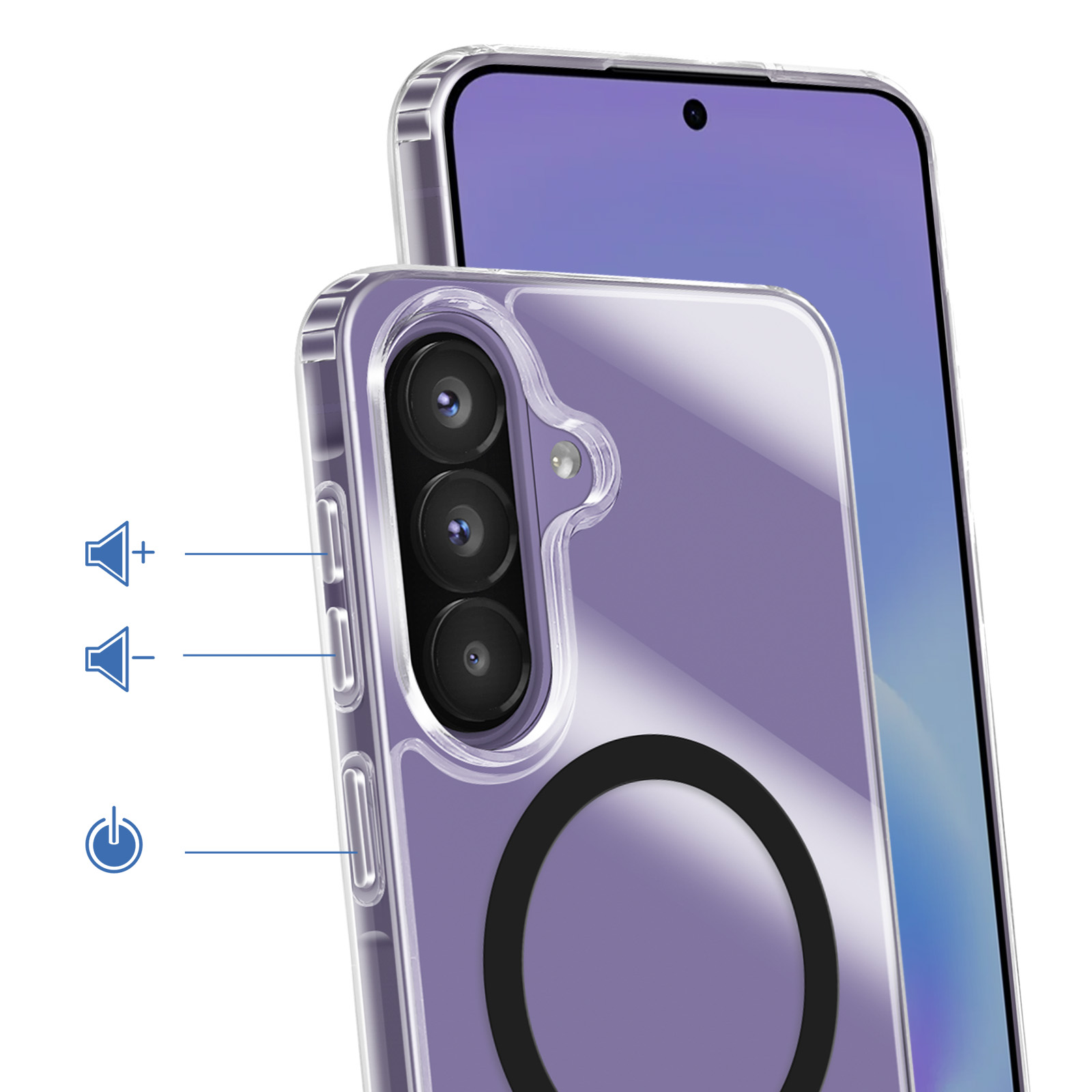 Transparente Hülle mit drei Kameras und Magnetring auf einem Smartphone.