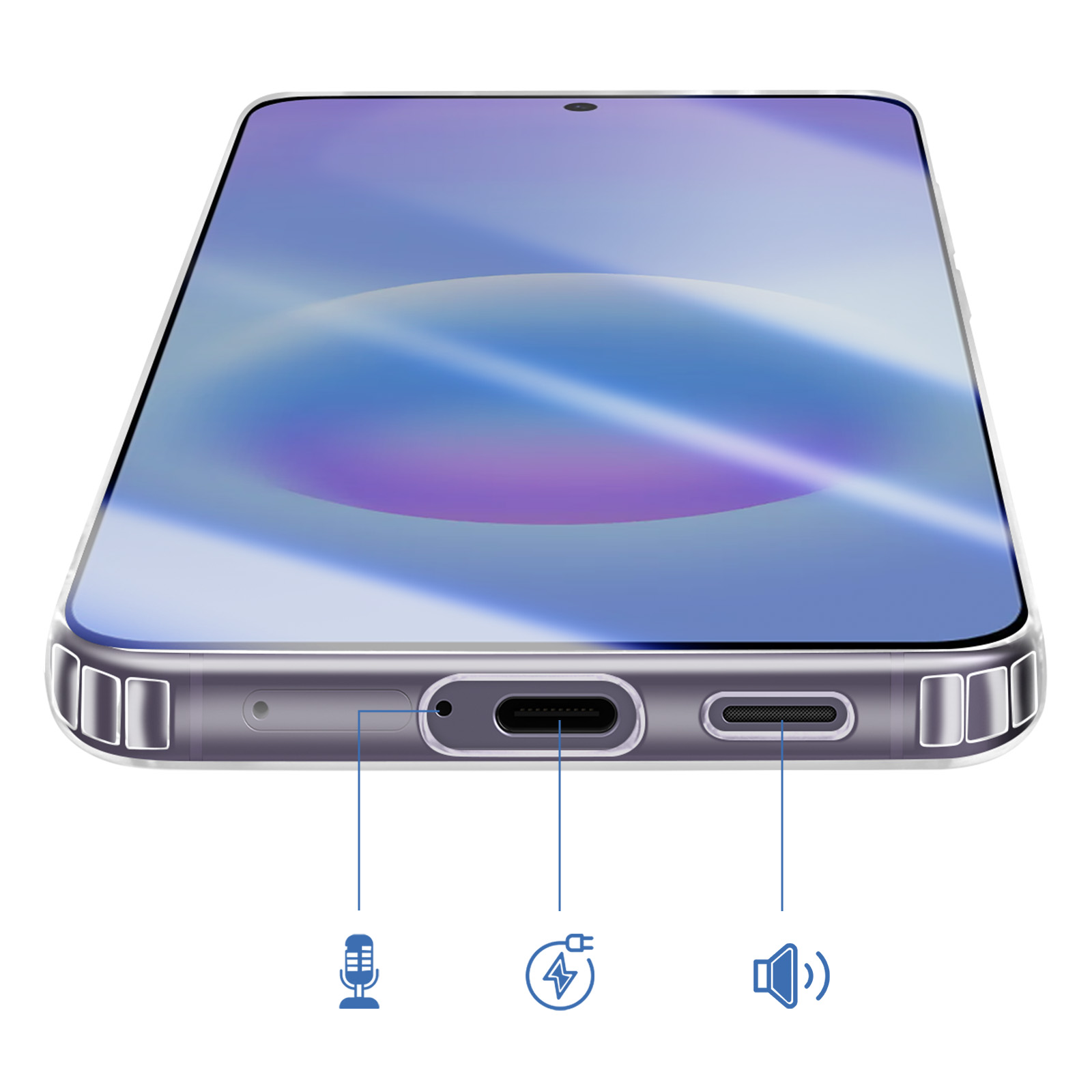 Detailansicht der Unterseite eines Smartphones mit Anschlüssen und Symbolen für Mikrofon, Laden und Lautsprecher.