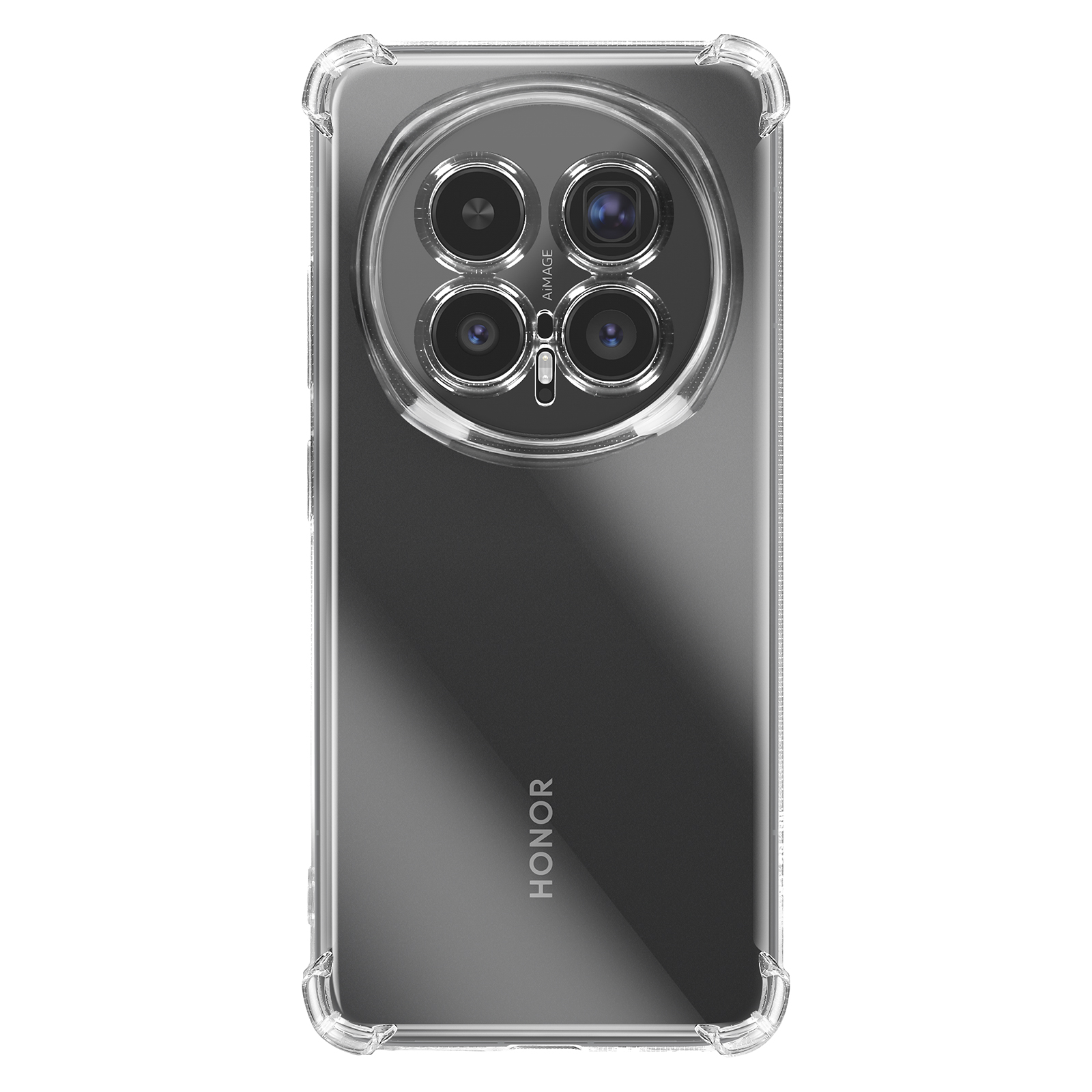 Funda transparente con esquinas reforzadas, mostrando una configuración de cuádruple cámara.