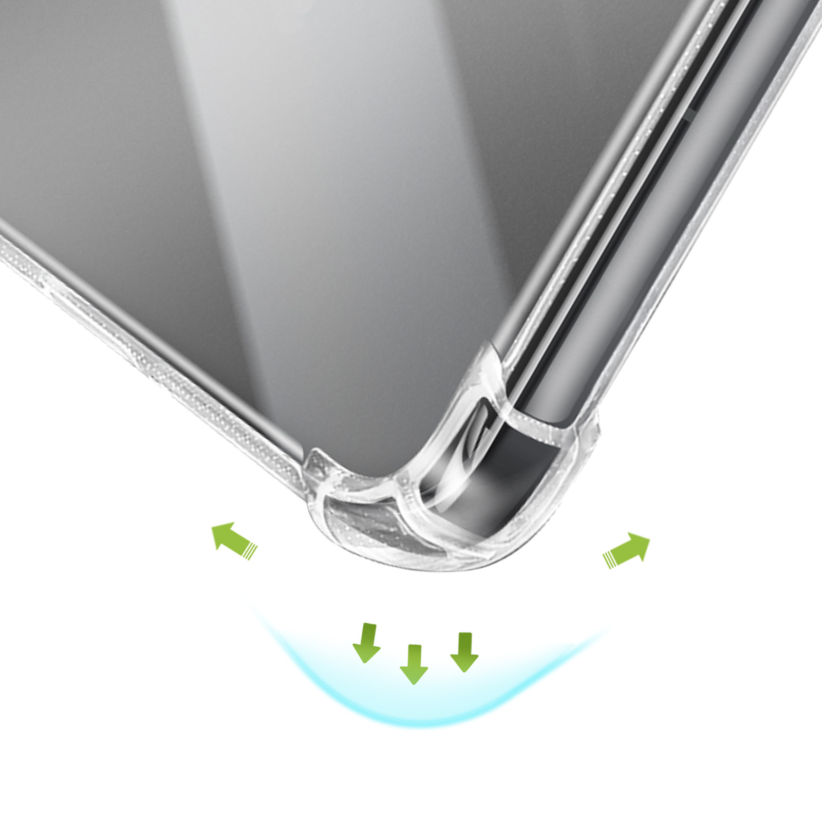 Esquina de funda de teléfono transparente con protección reforzada y flechas.