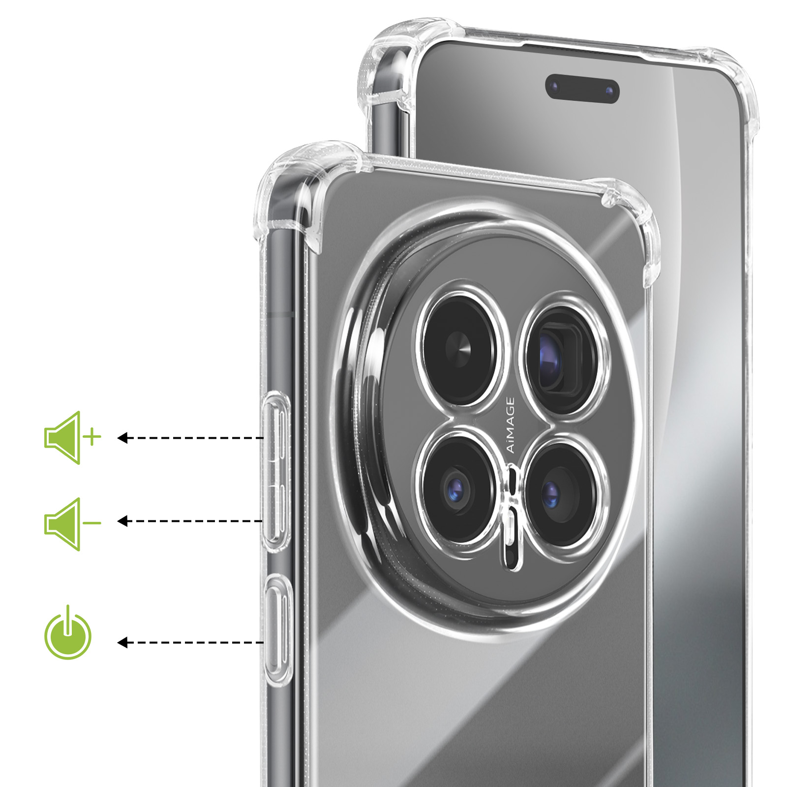 Funda transparente para teléfono muestra cámara cuádruple y botones.