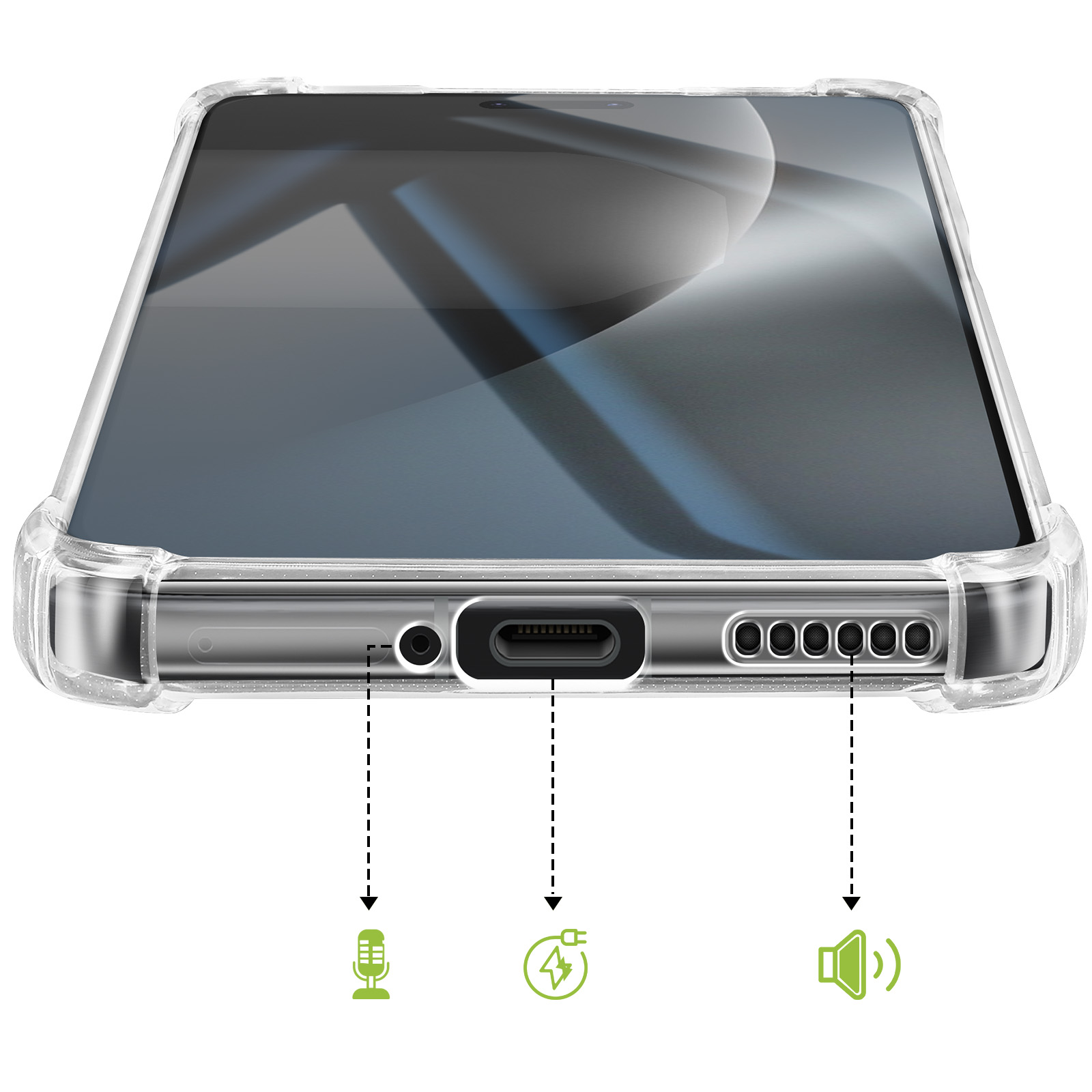 Vista inferior de la funda del teléfono: micrófono, puerto USB-C y orificios de altavoz etiquetados.