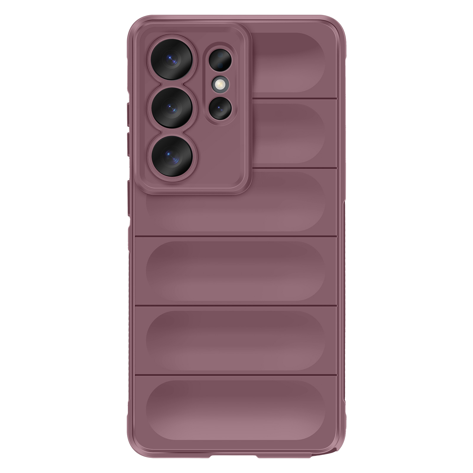 Een mauve telefoonhoes met camerabehuizing en geribbelde textuur.