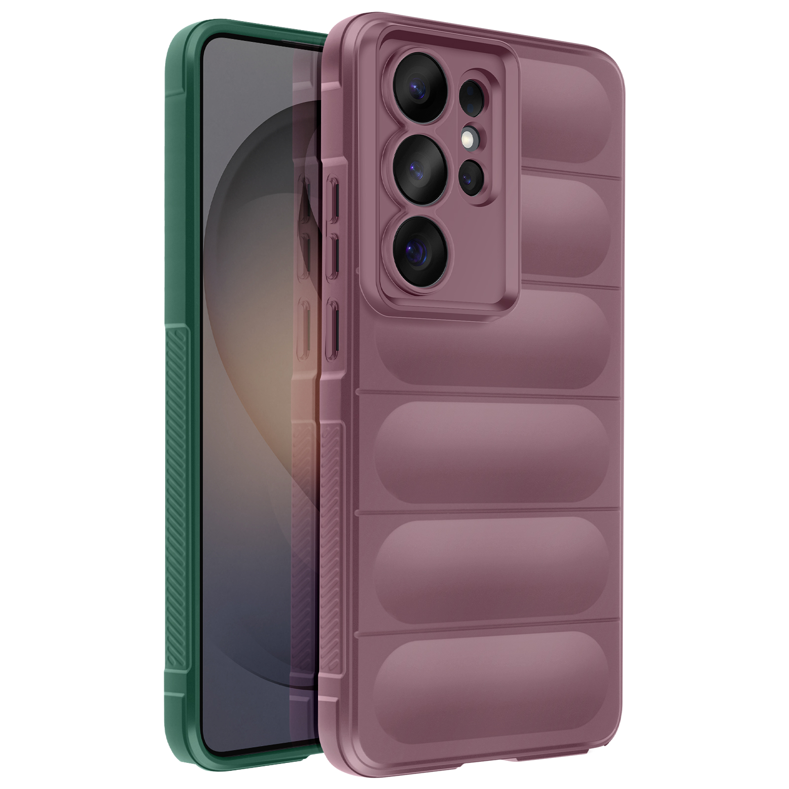 Twee telefoonhoesjes: een groene, een lila met camerasysteem.