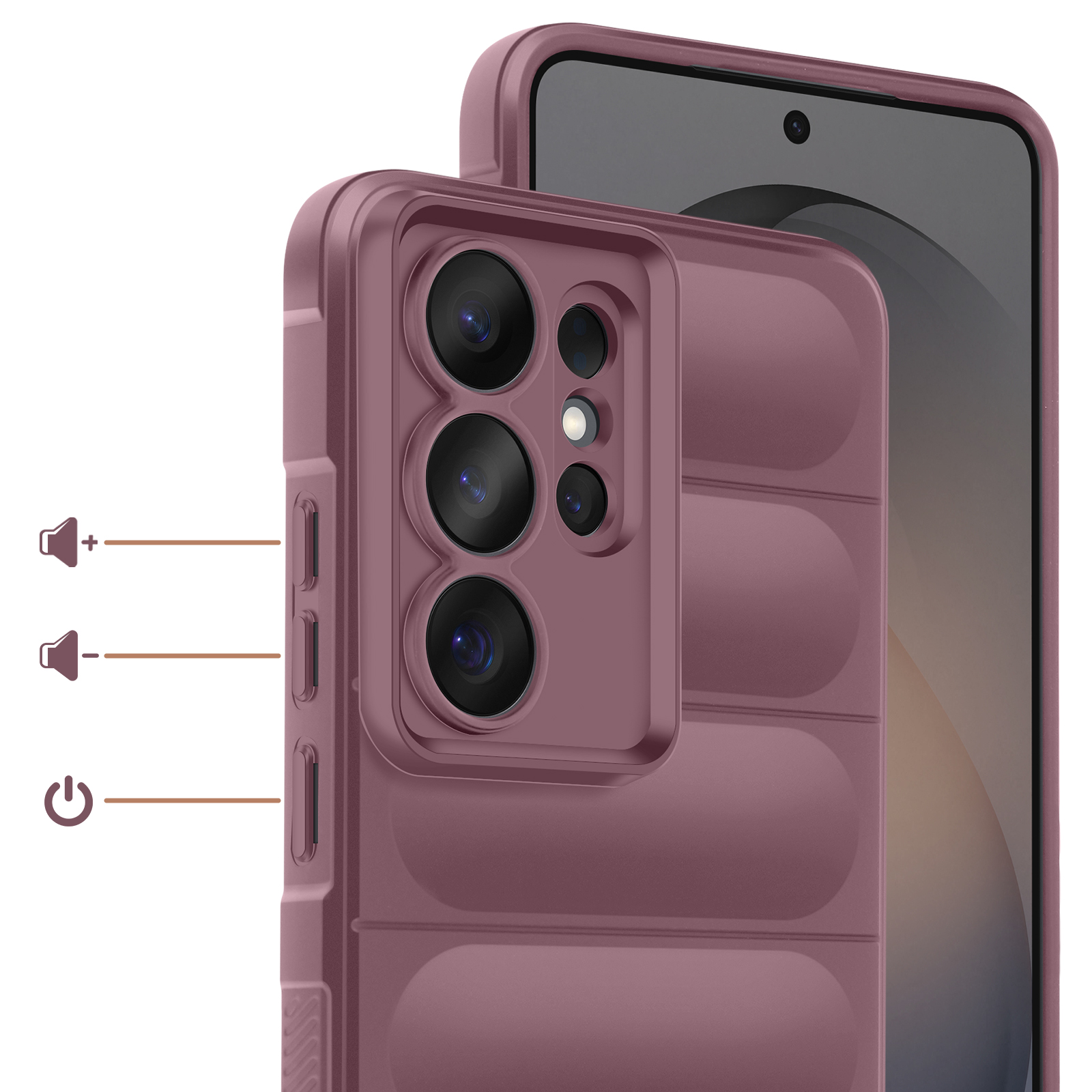 Een mauve telefoonhoes met camera-array en knoppen.
