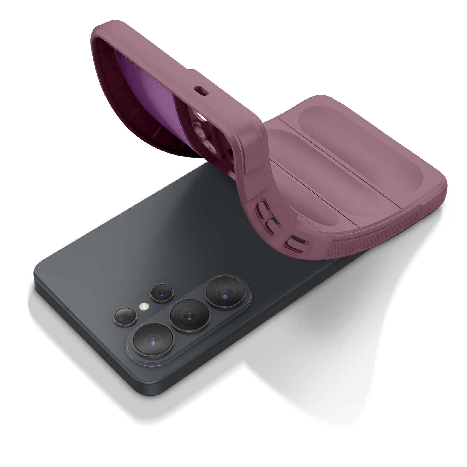 Een donkere smartphone met een open, mauve telefoonhoes die op de achterkant ligt.