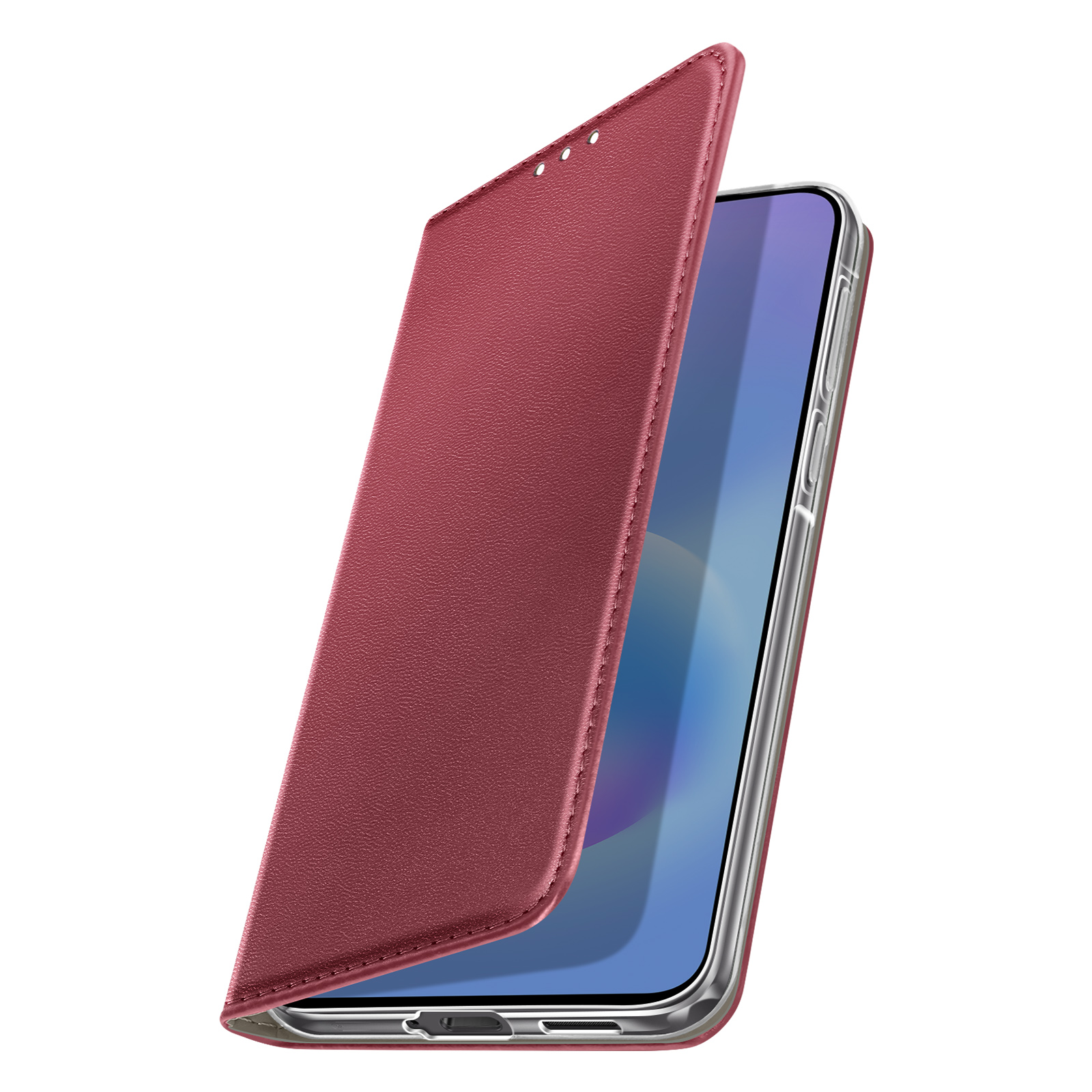 Un étui de téléphone en cuir rouge avec son rabat ouvert.