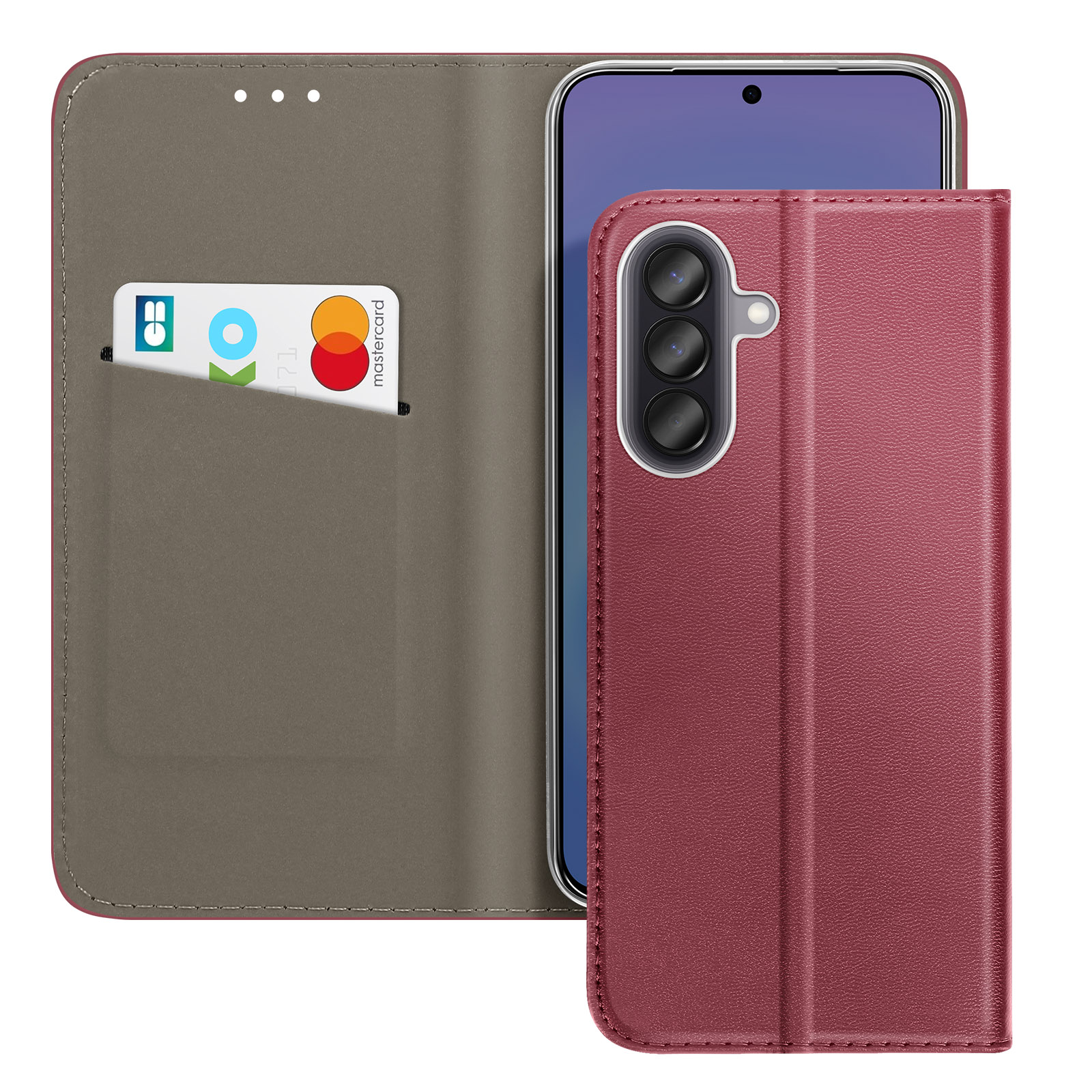 Étui de téléphone rouge avec fente pour carte et smartphone. Carte blanche avec logo Mastercard.