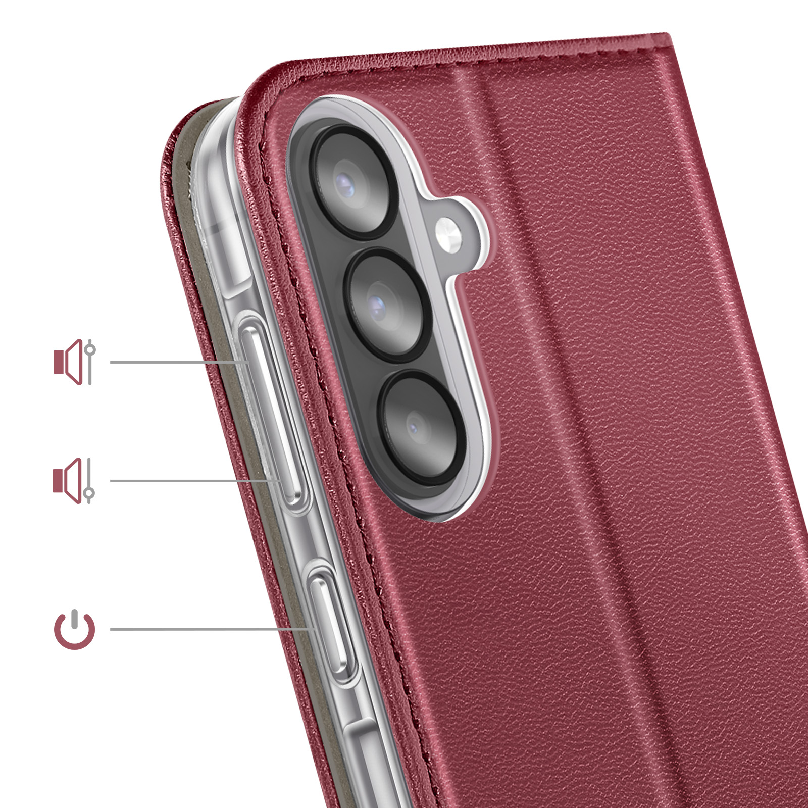 Étui de téléphone rouge montrant la caméra, le volume et les boutons d'alimentation.