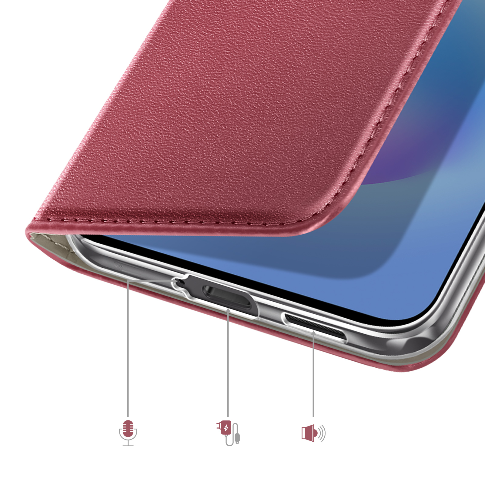 Étui en cuir rouge ouvert sur un téléphone, montrant micro, port de chargement et haut-parleur.