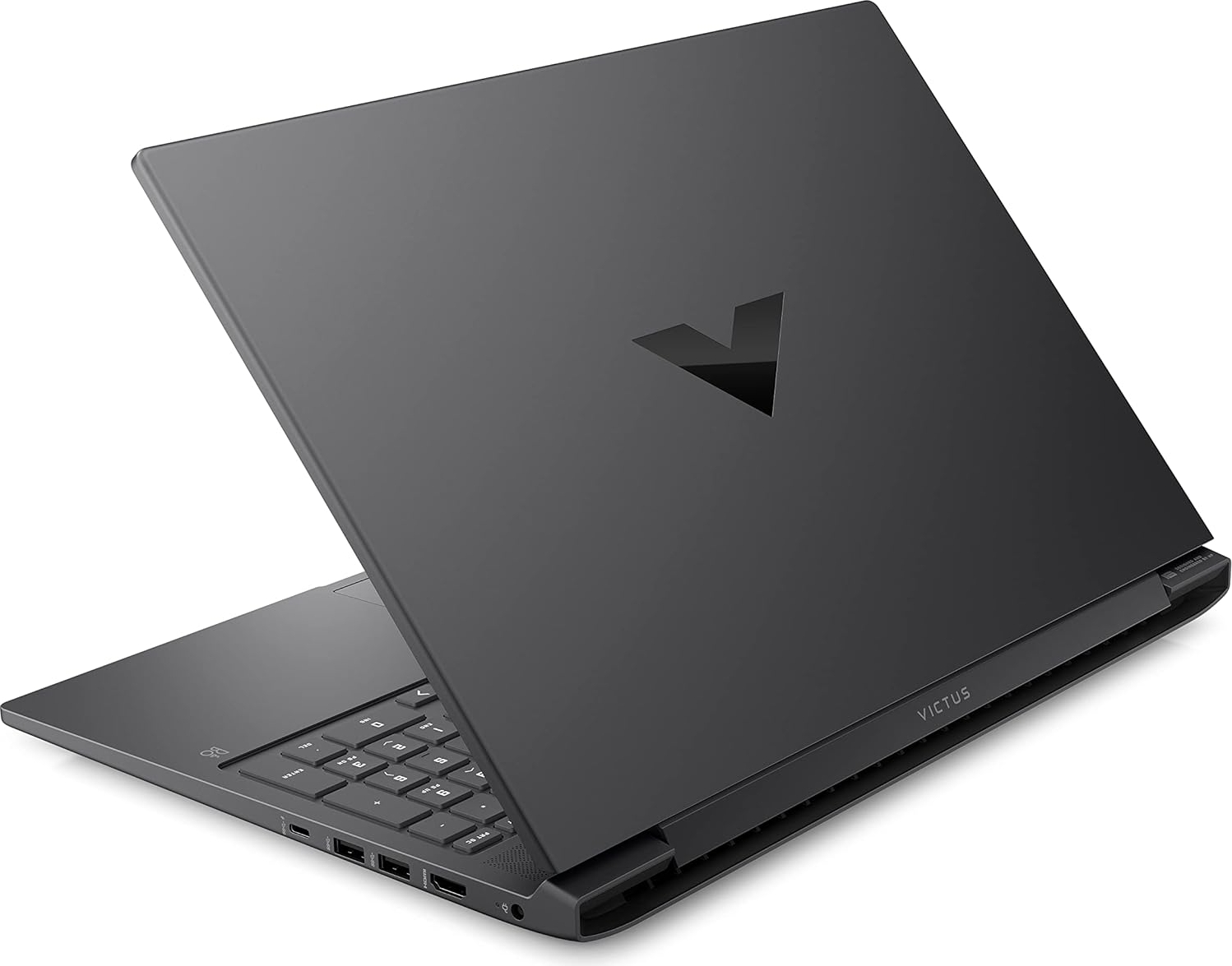 Kapakta V logosu ve görünür klavyesi olan koyu renkli bir dizüstü bilgisayar.