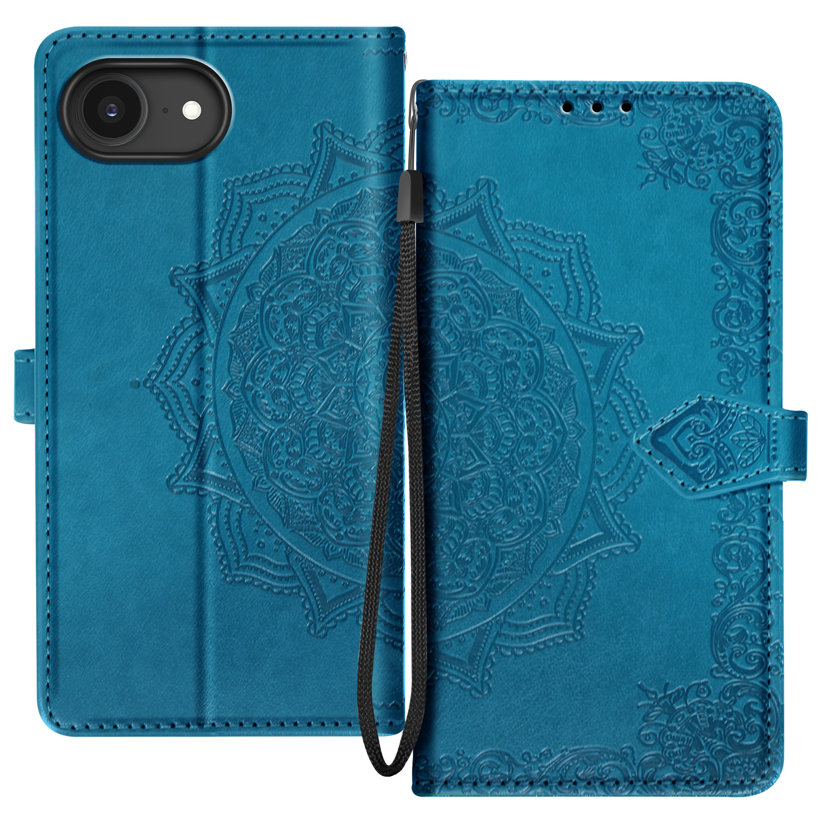 Blauw telefoonhoesje met reliëf mandala-ontwerp en koordje.