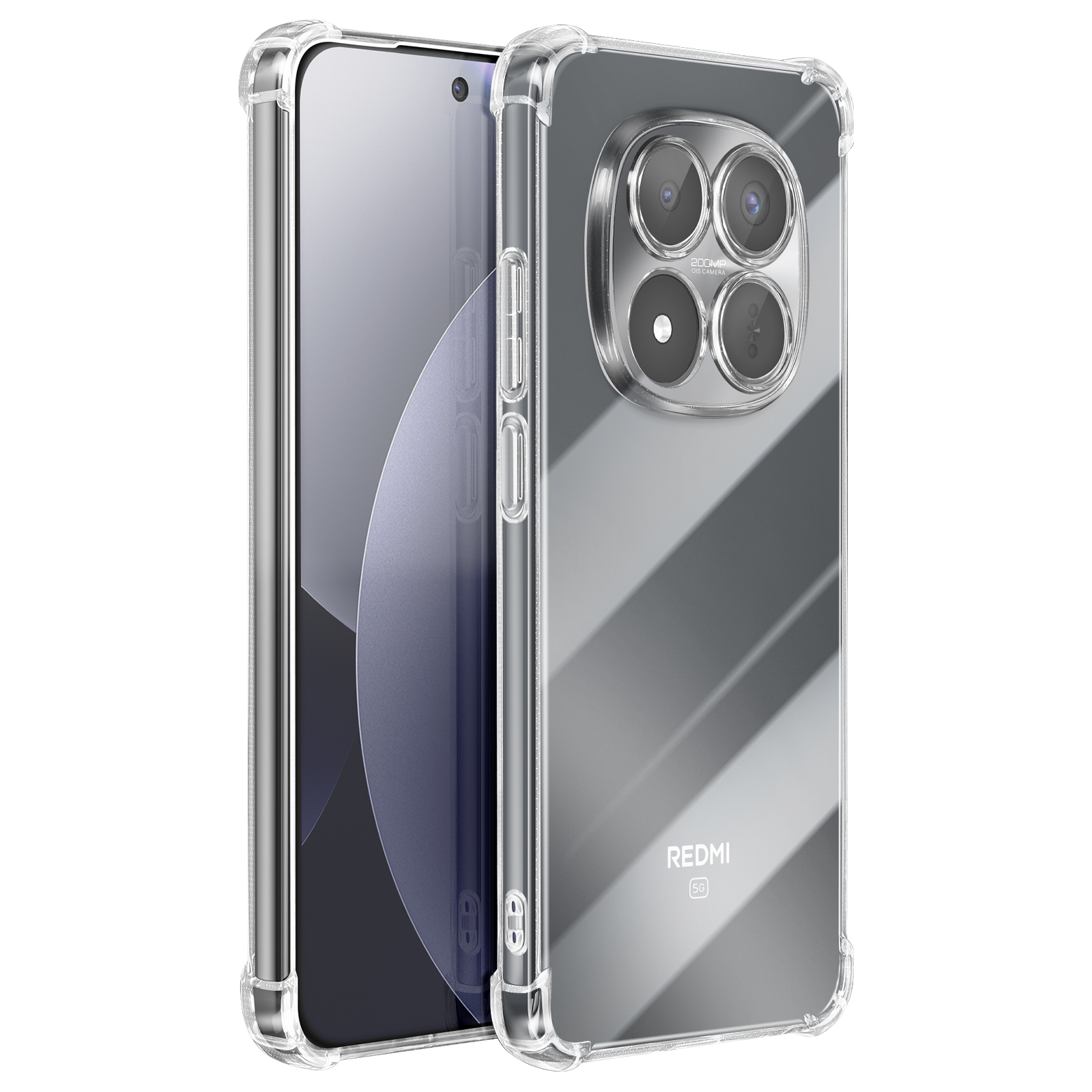 Een doorzichtige telefoonhoes met een quad camera achterop.