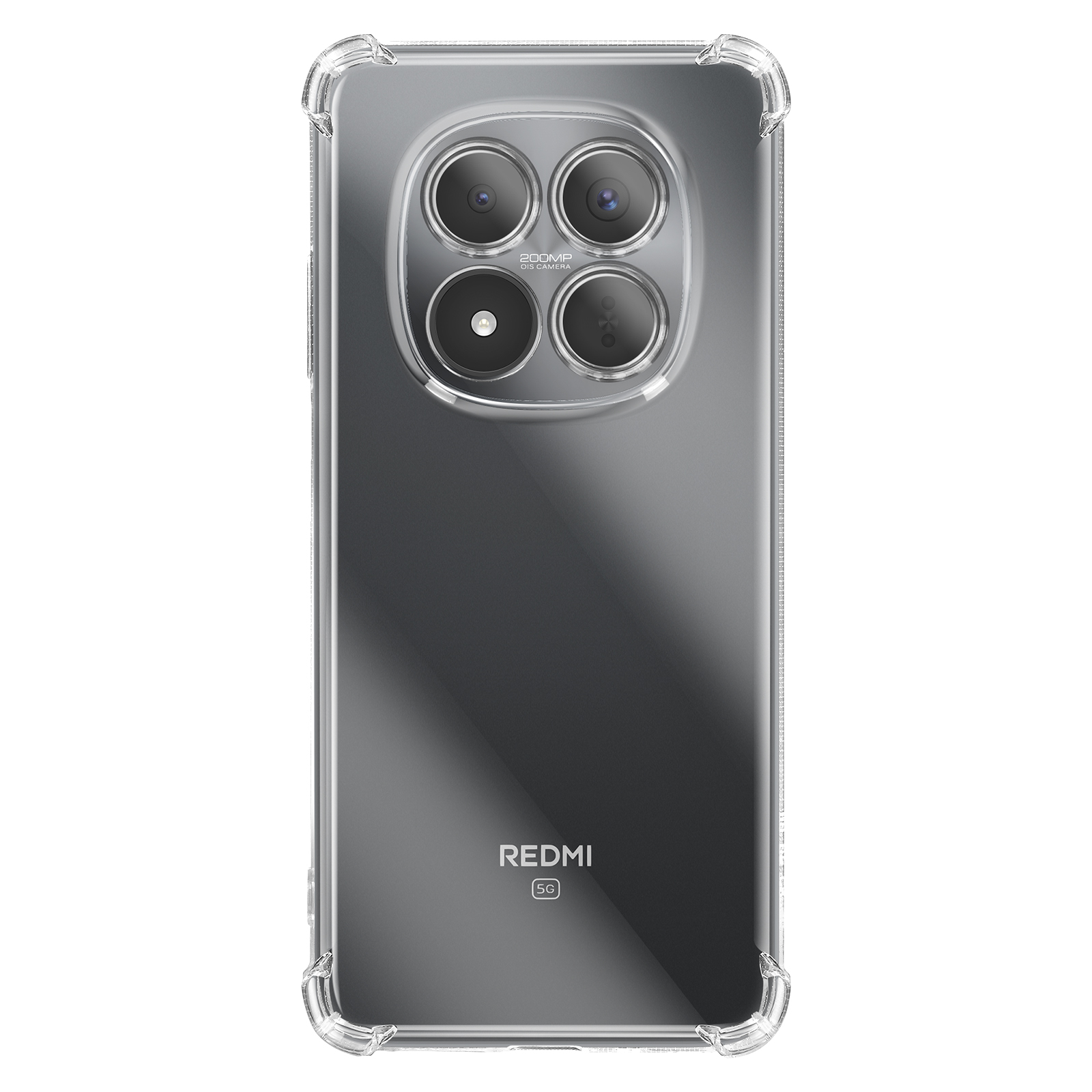 Transparante telefoonhoes met quad-camera-opstelling en Redmi 5G-branding.