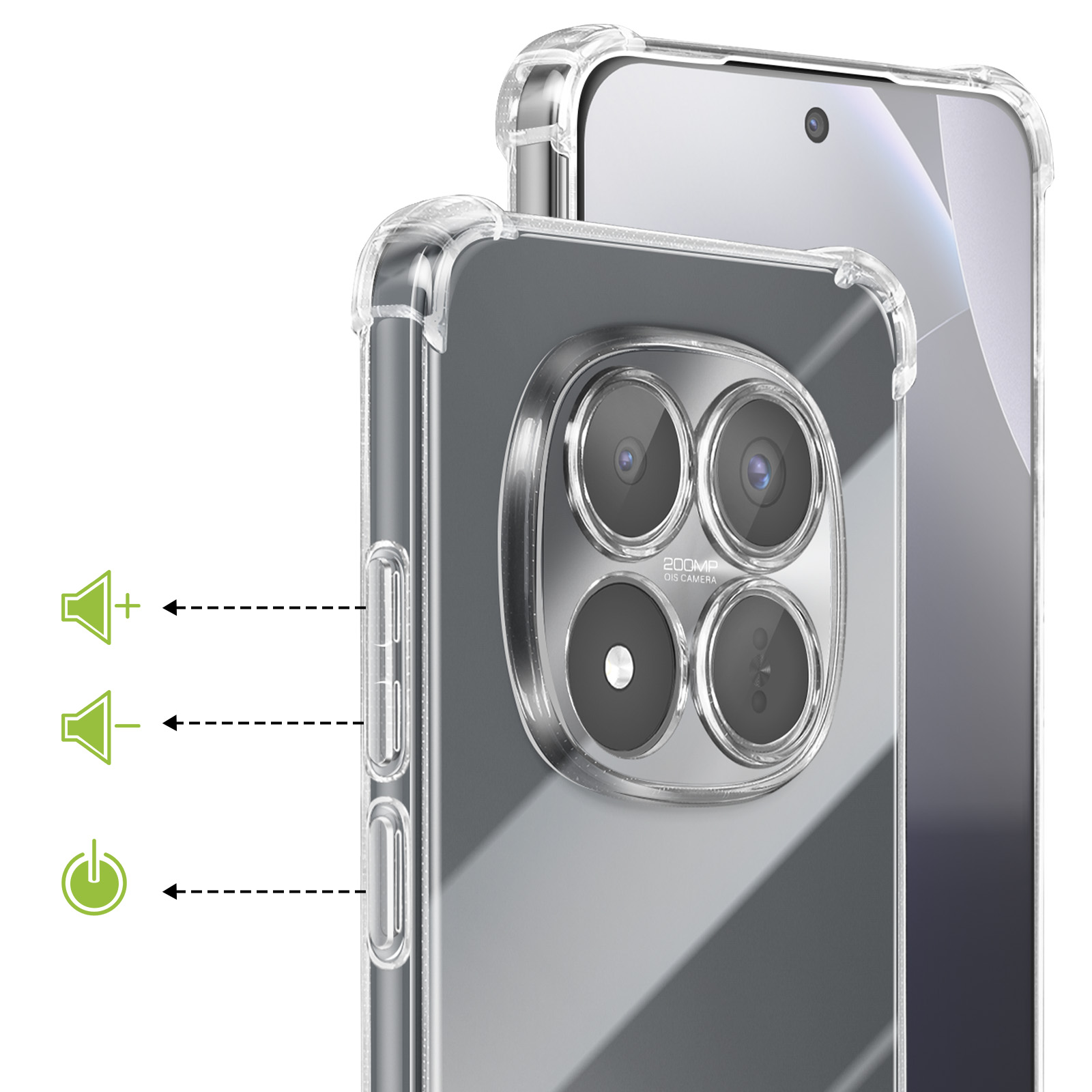 Transparante telefoonhoes met quad camera en volumeknoppen.