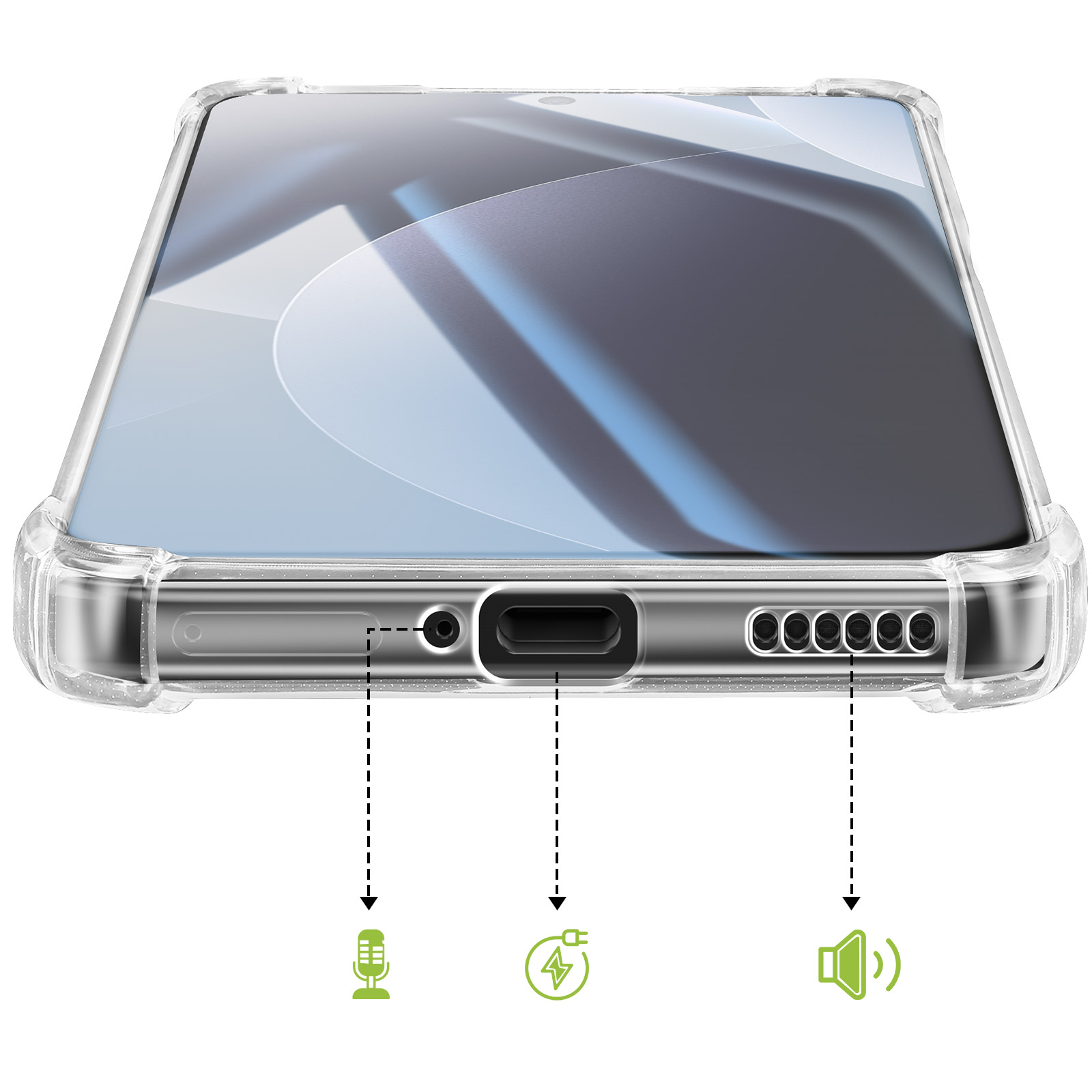Doorzichtige telefoonhoes toont microfoon-, laad- en luidsprekeropeningen.