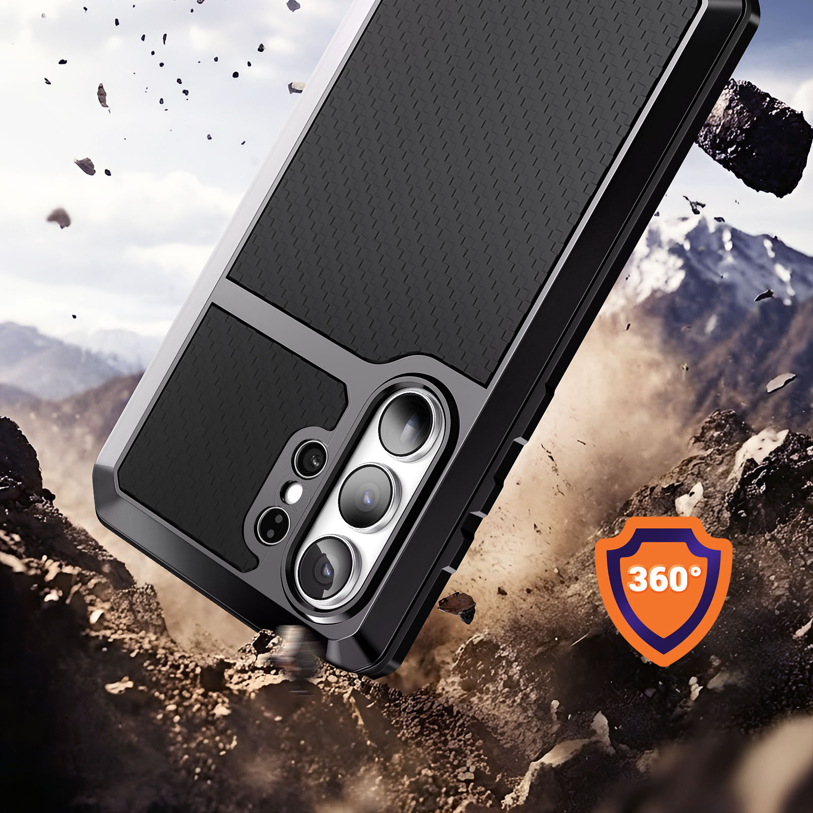 Funda negra para teléfono cae en paisaje rocoso con logo de protección 360°.