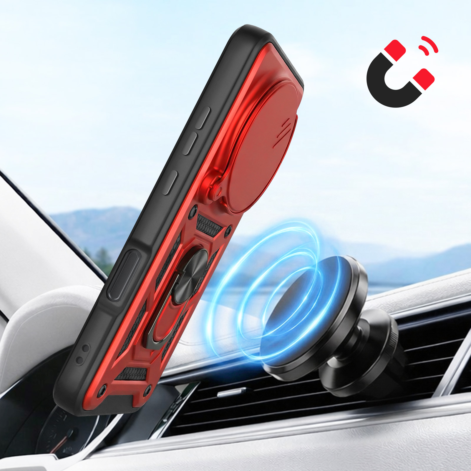 Rote Handyhülle mit magnetischem Autohalter, blaue Energieeffekte.