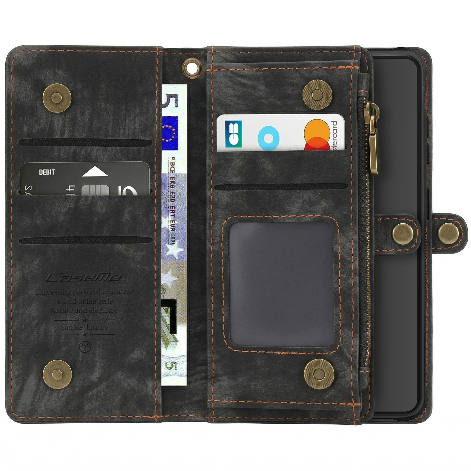 Cartera negra con ranuras para tarjetas, compartimento para billetes y bolsillo con cremallera.