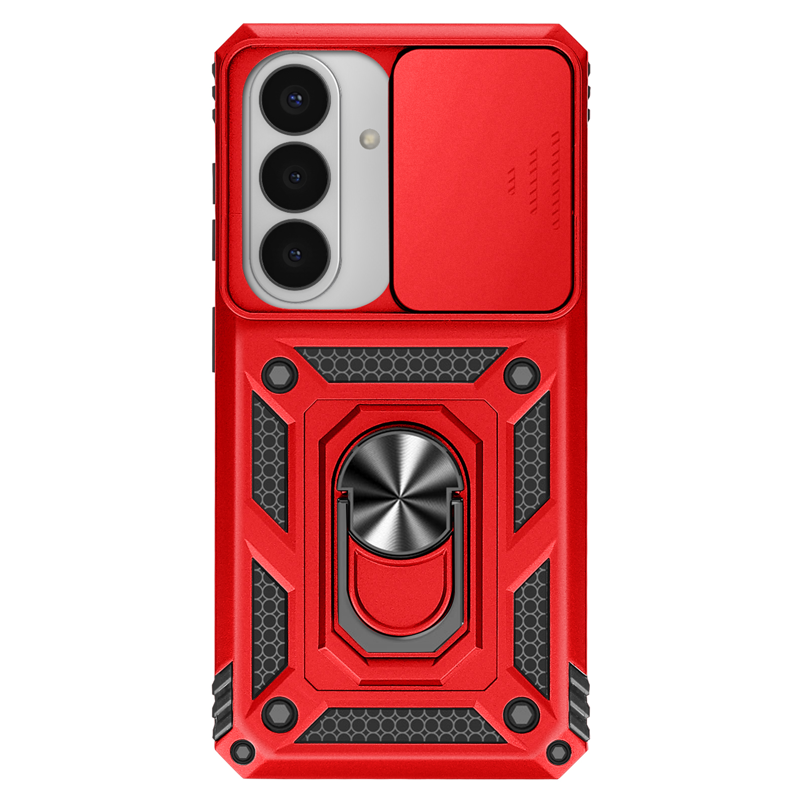 Coque de téléphone rouge avec cache triple appareil photo et support bague.