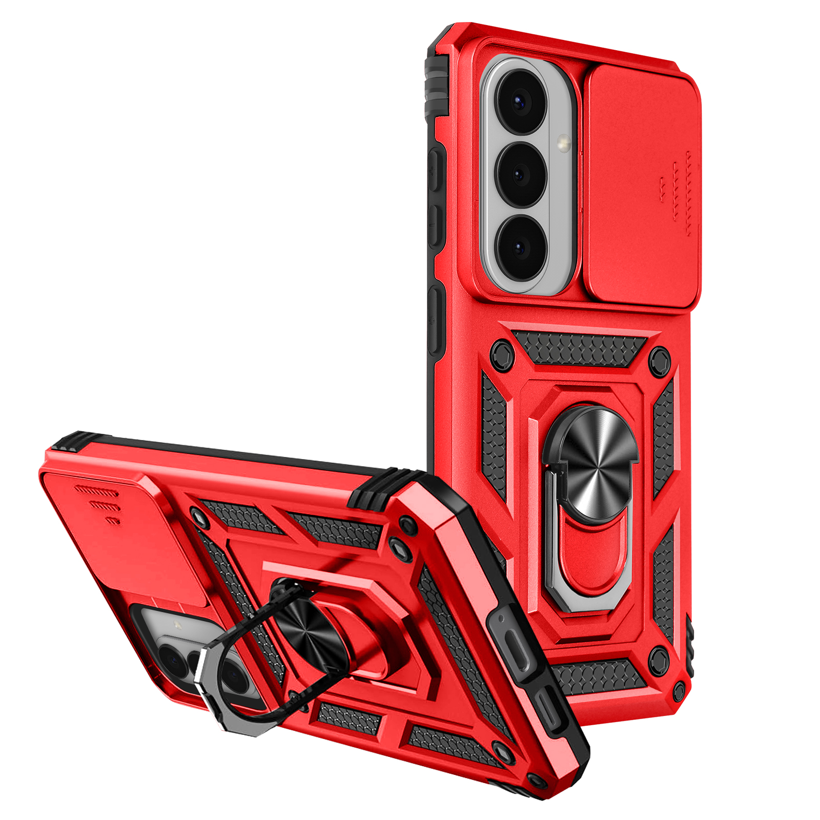 Coque de téléphone rouge avec support anneau et curseur de protection caméra.