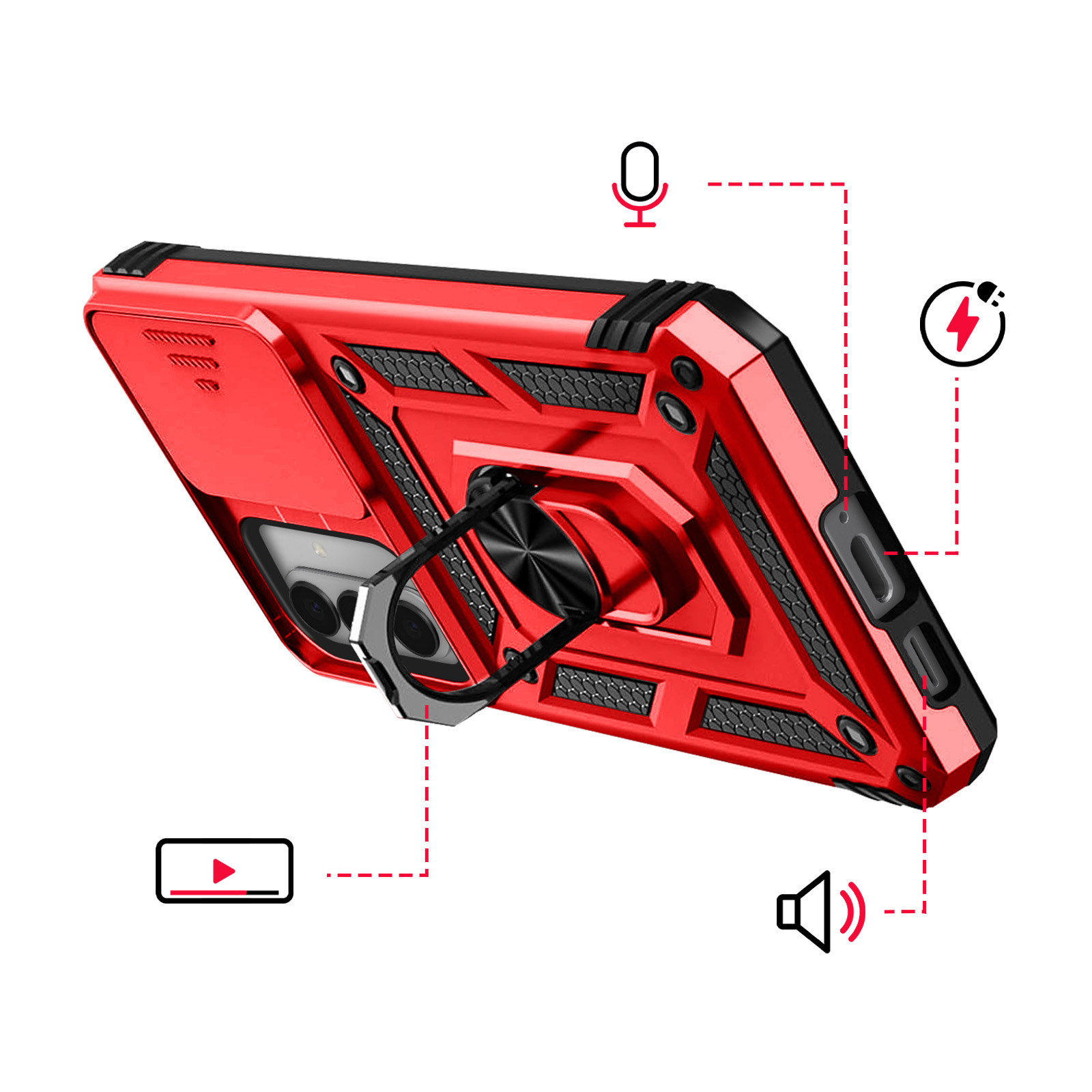 Coque de téléphone rouge avec support bague, cache-appareil photo et icônes micro, charge, vidéo, haut-parleur.