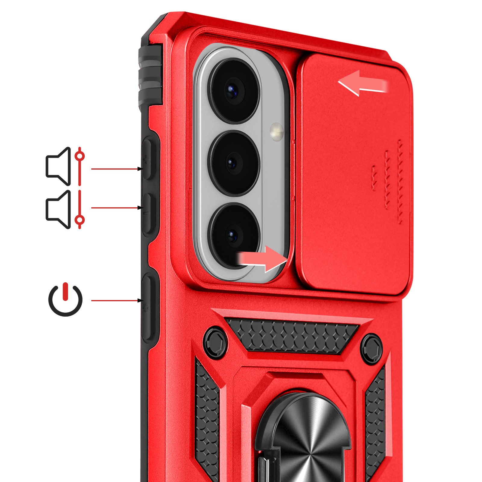 Coque de téléphone rouge avec cache-objectif, boutons volume et marche/arrêt.