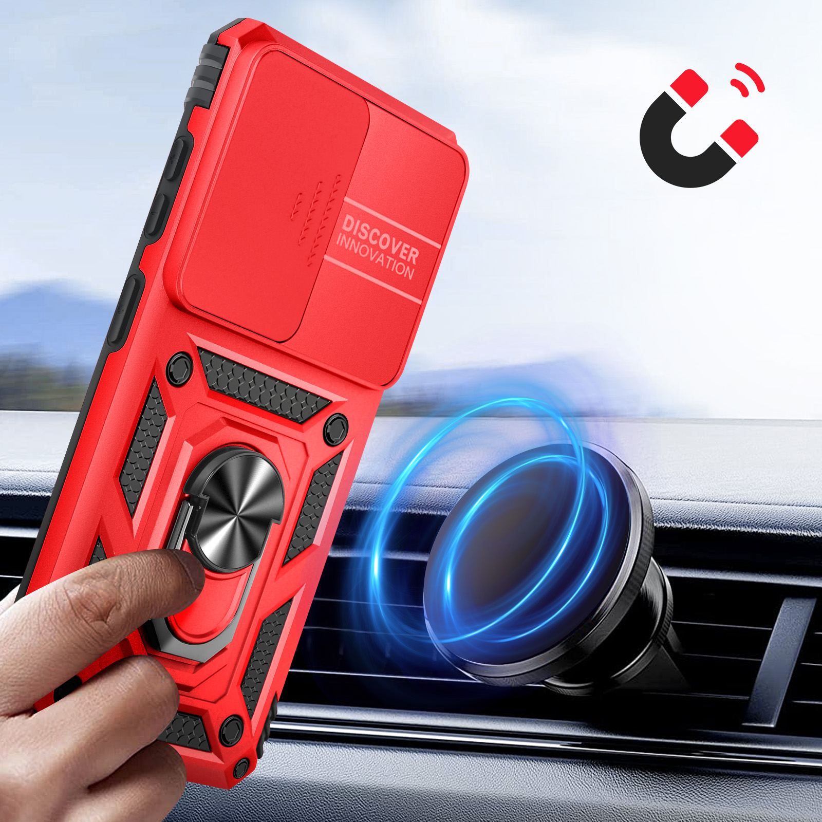 Coque de téléphone rouge avec support anneau et icône aimant, montée en voiture.
