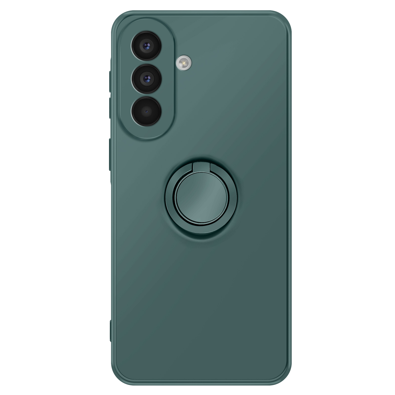Donkergroene telefoonhoes met drie camera's en ringhouder aan de achterkant.