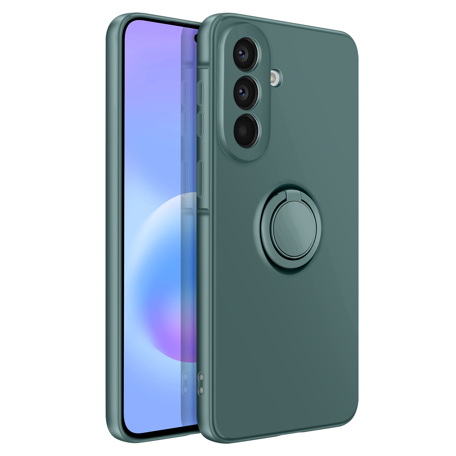 Donkergroene telefoon met ringhouder en drie cameralenzen.