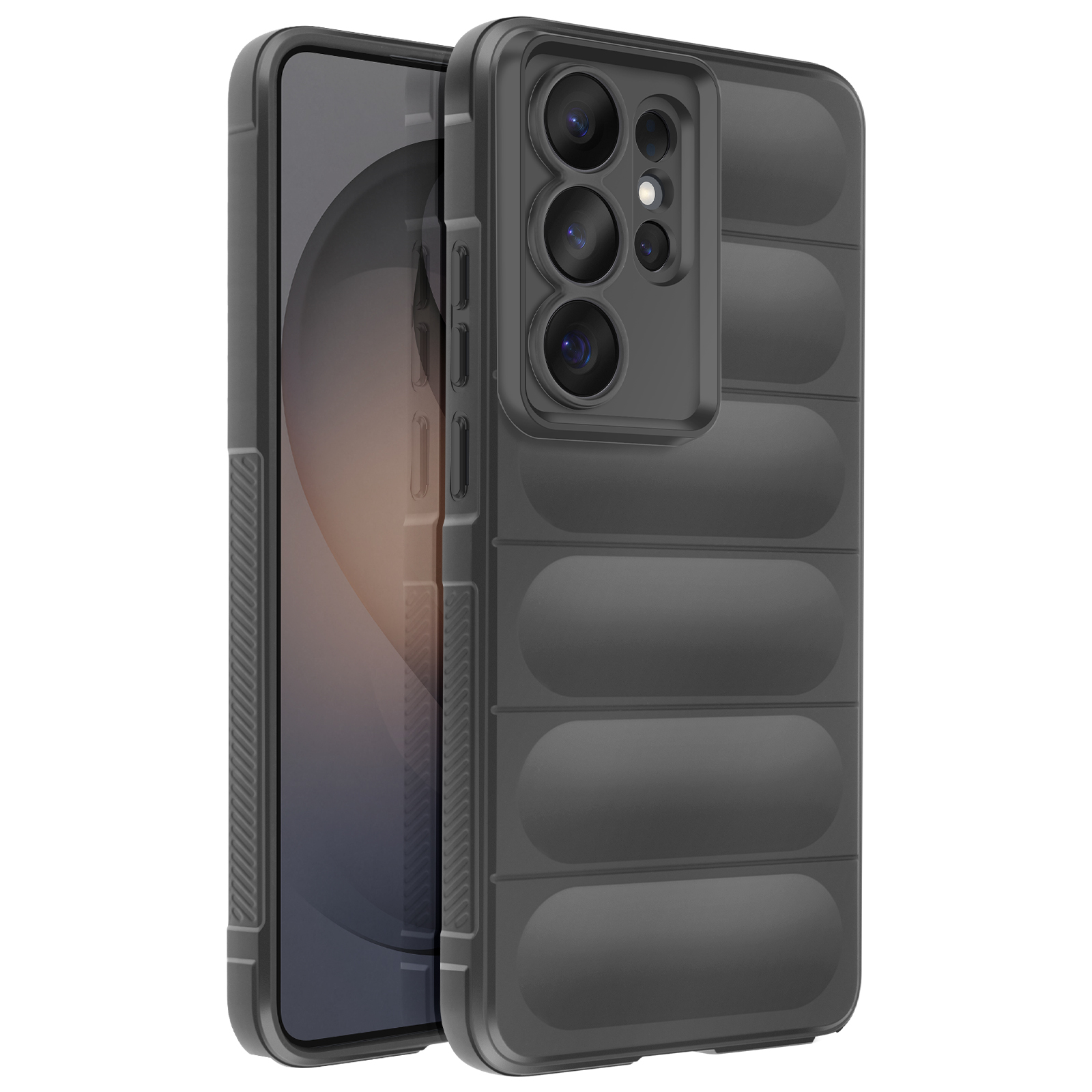 Zwarte telefoonhoes met horizontale ribbels en camerapaneel.